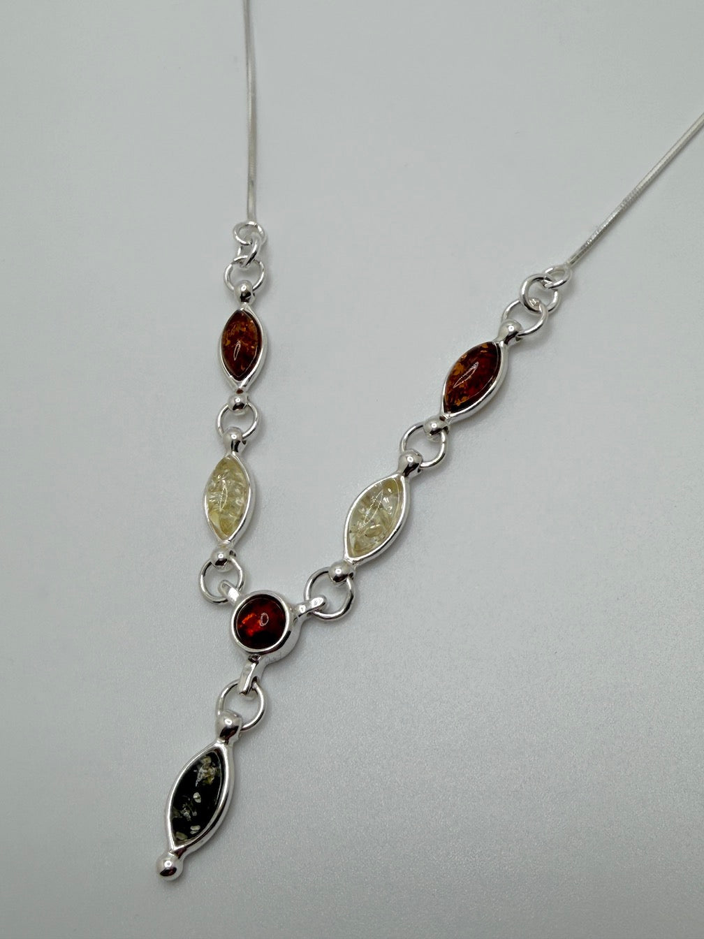 Minimalist Multicolor Baltic Amber Pendant Necklace in Sterling Silver - Green, Honey, and Lemon Amber Necklace on Box Chain – 18 Inch