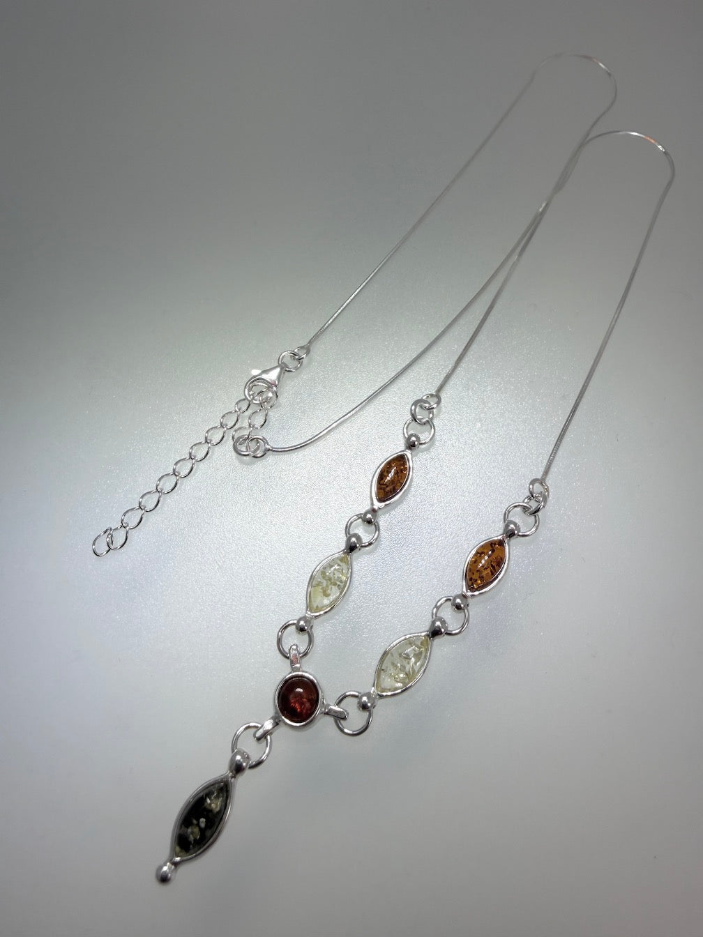 Minimalist Multicolor Baltic Amber Pendant Necklace in Sterling Silver - Green, Honey, and Lemon Amber Necklace on Box Chain – 18 Inch