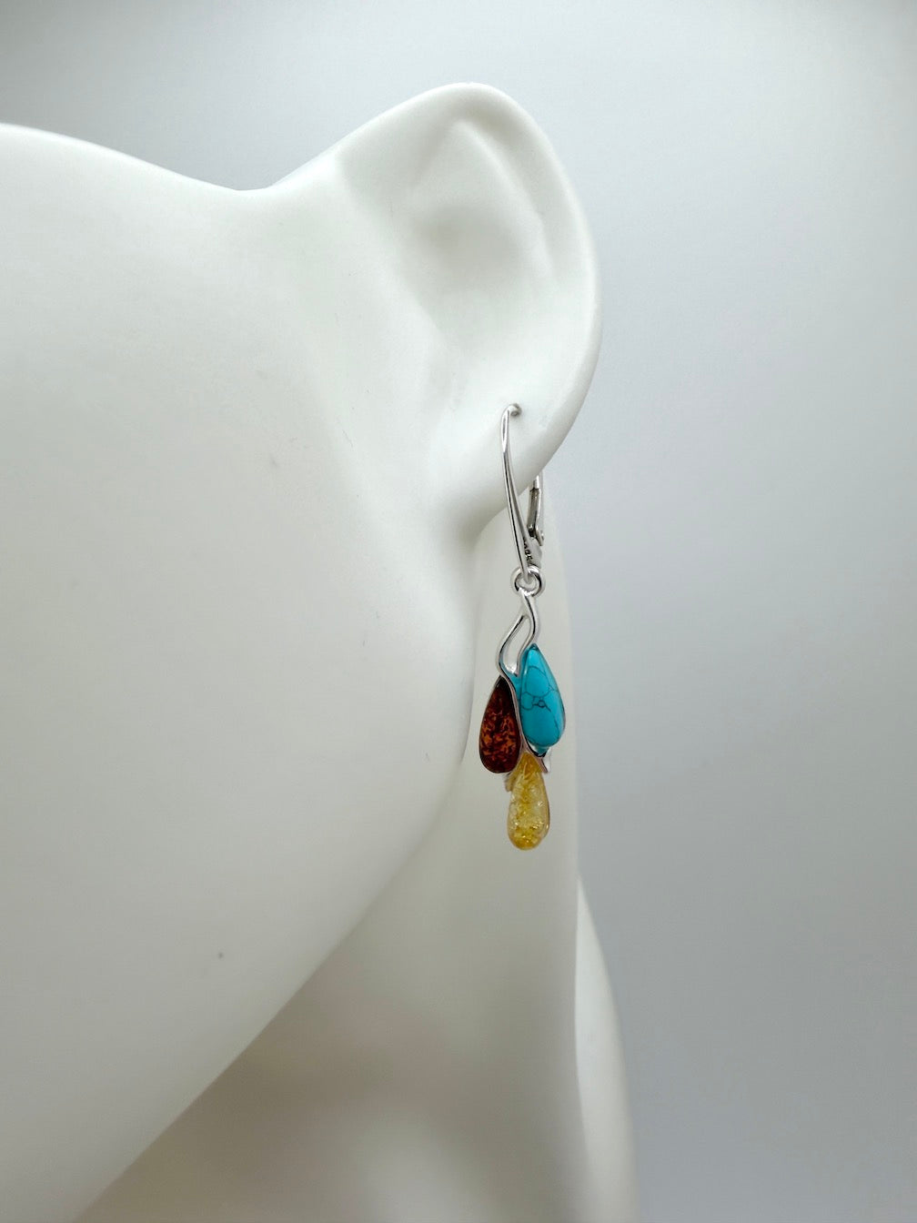 Modern 925 Sterling Silver & Cognac Baltic Amber Modern Drop Earrings – Multi Color with Turquoise Accent