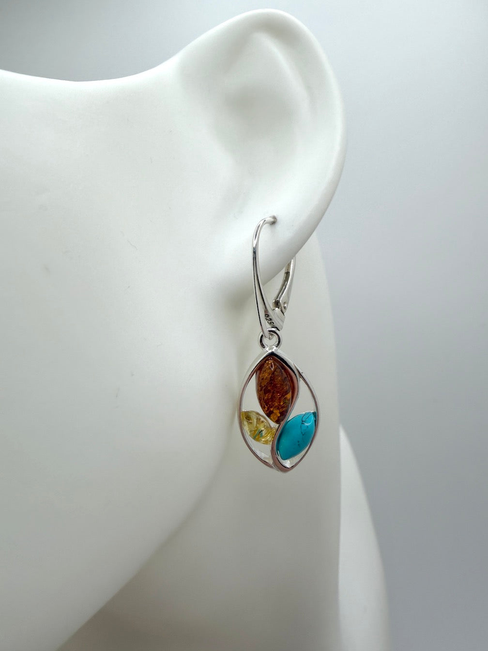Modern 925 Sterling Silver & Cognac Baltic Amber Modern Drop Earrings – Oval Design with Turquoise Accent