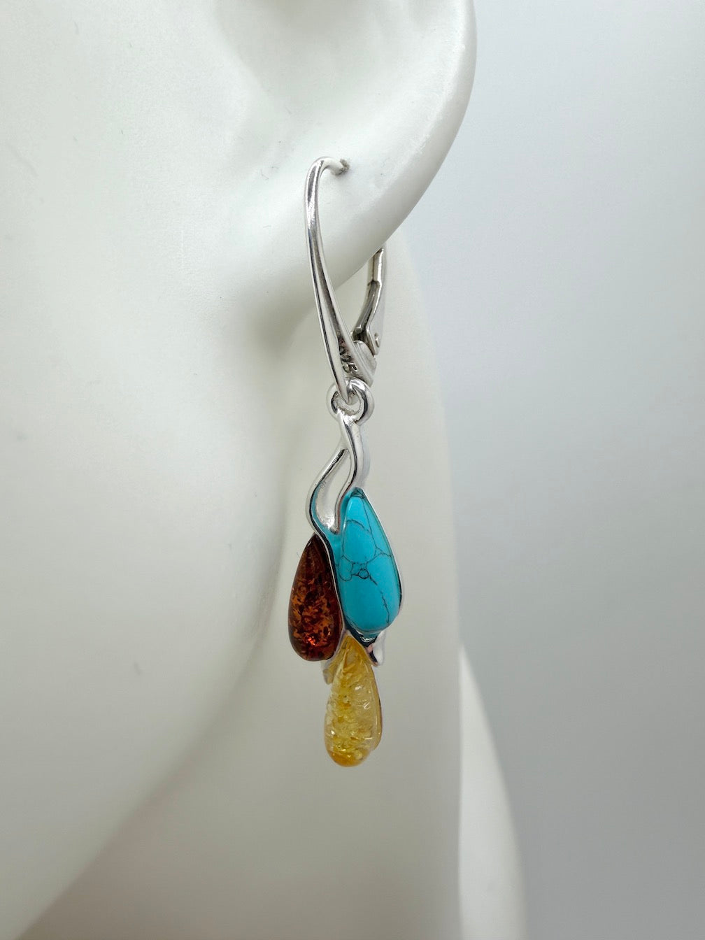 Modern 925 Sterling Silver & Cognac Baltic Amber Modern Drop Earrings – Multi Color with Turquoise Accent
