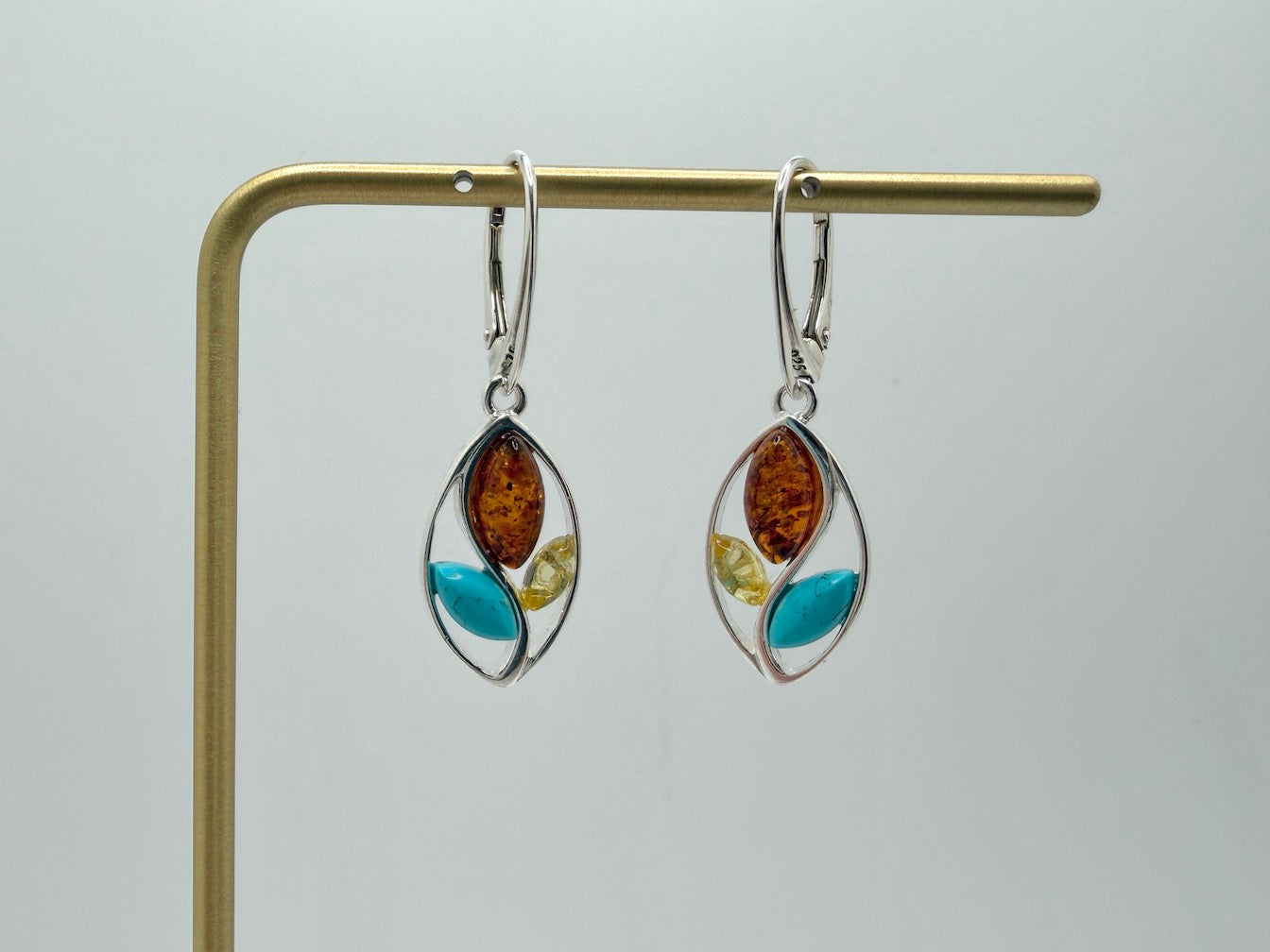 Modern 925 Sterling Silver & Cognac Baltic Amber Modern Drop Earrings – Oval Design with Turquoise Accent