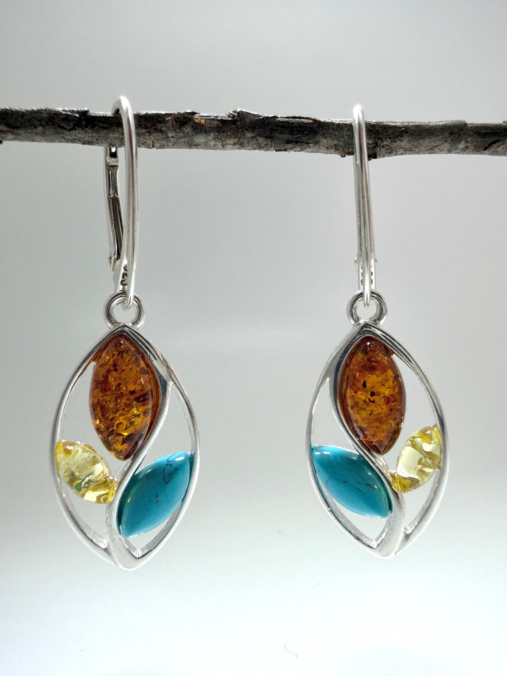 Modern 925 Sterling Silver & Cognac Baltic Amber Modern Drop Earrings – Oval Design with Turquoise Accent