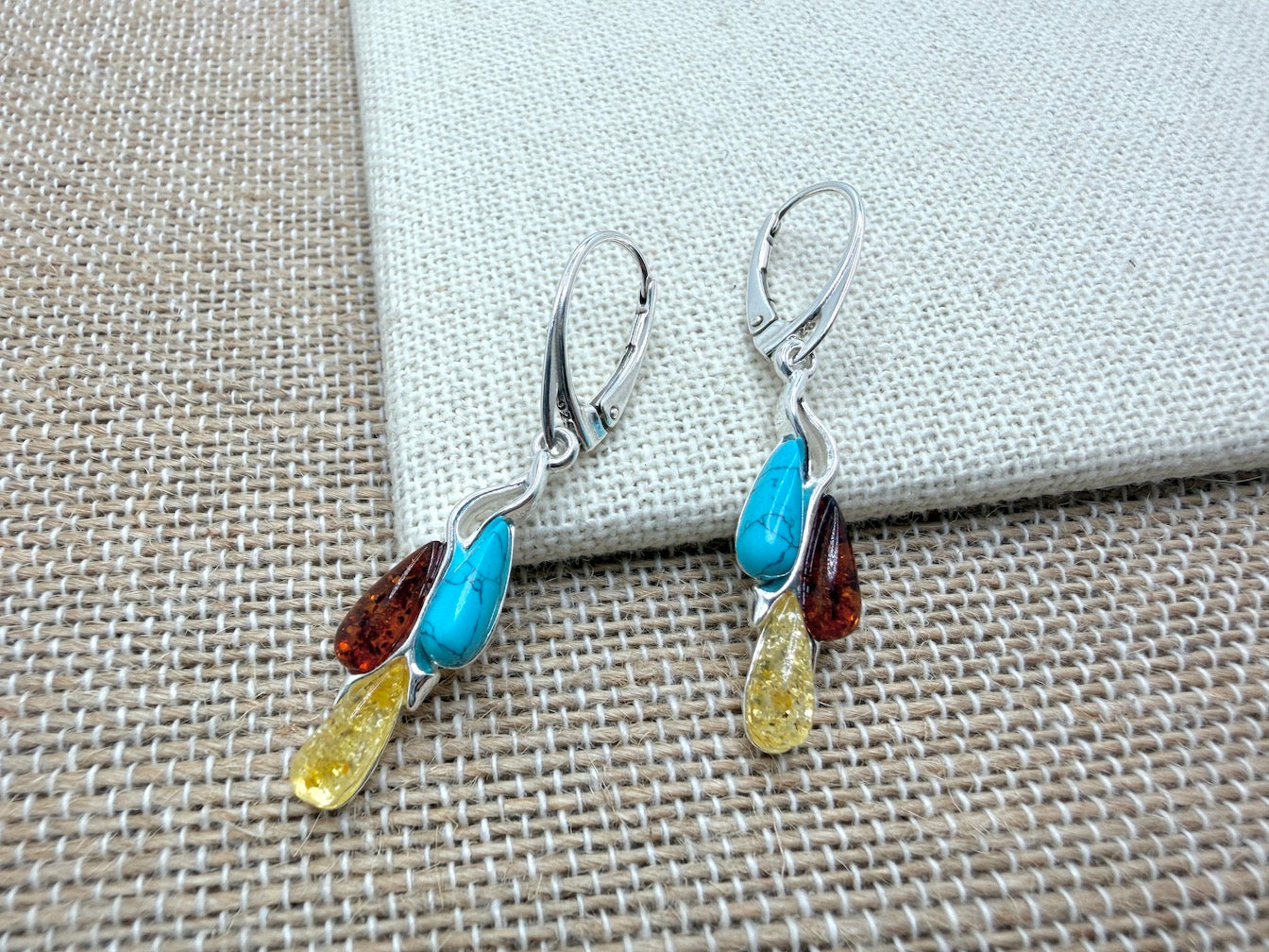 Modern 925 Sterling Silver & Cognac Baltic Amber Modern Drop Earrings – Multi Color with Turquoise Accent