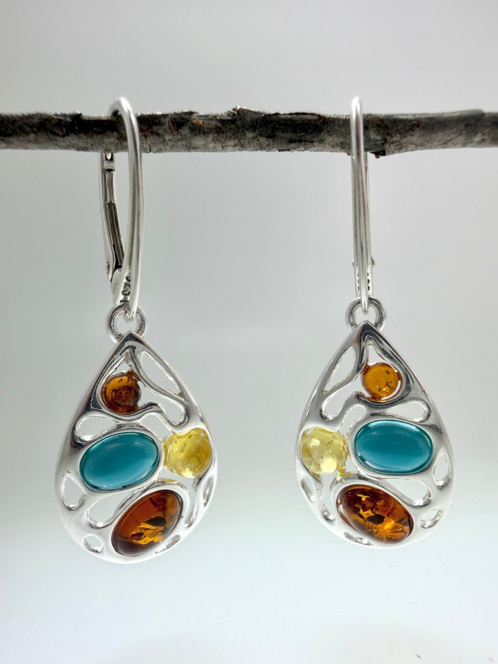 Modern 925 Sterling Silver & Multi Baltic Amber Modern Drop Earrings – Oval Design with Turquoise Accent