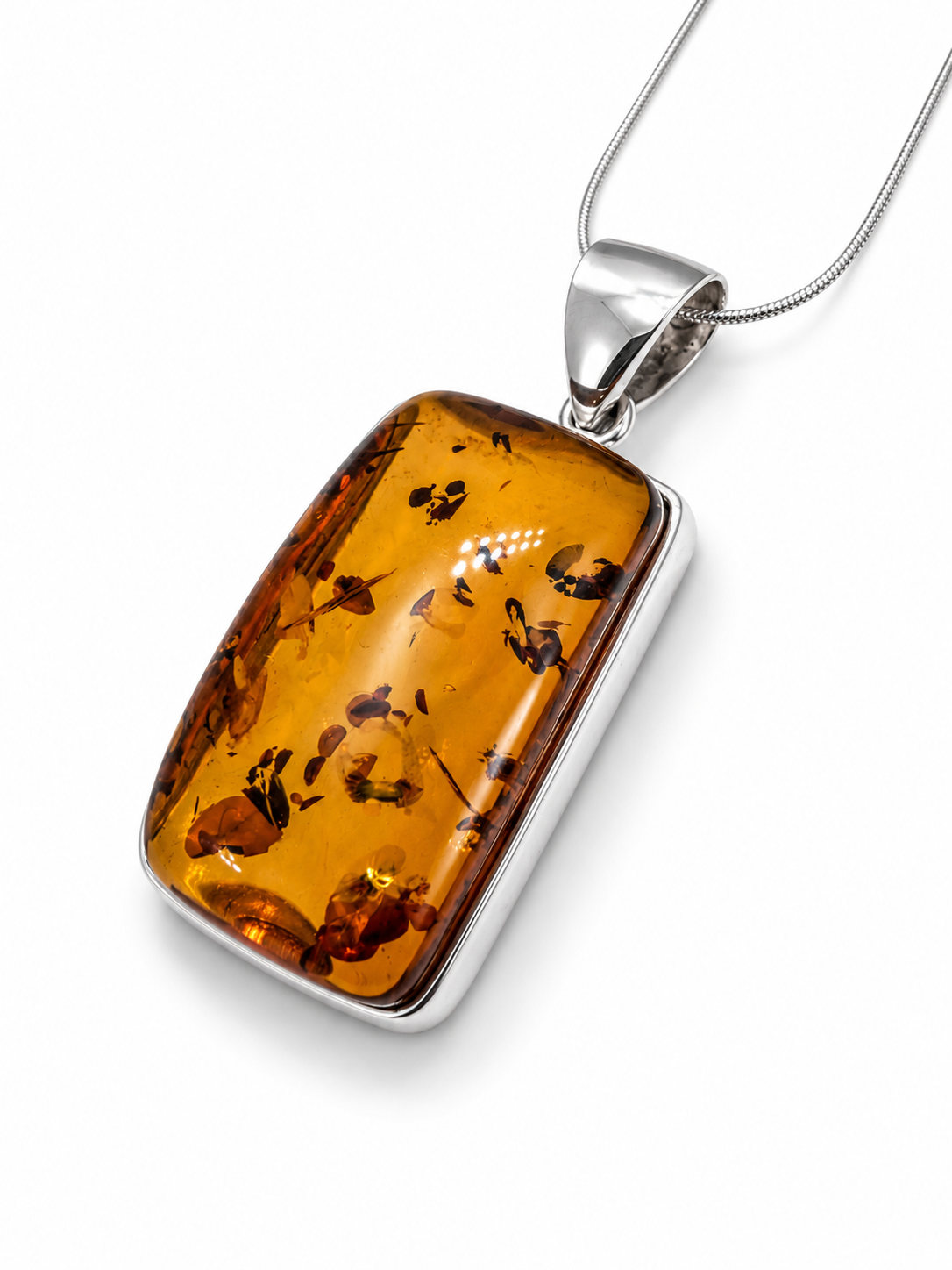 Modern Baltic Amber Sterling Silver Rectangular Pendant Cognac Honey Color