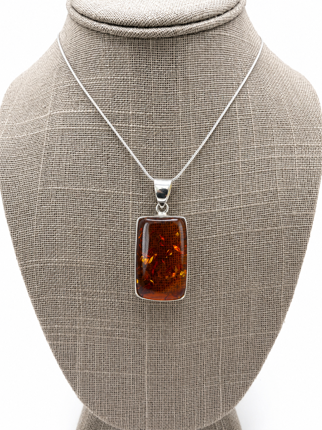 Modern Baltic Amber Sterling Silver Rectangular Pendant Cognac Honey Color