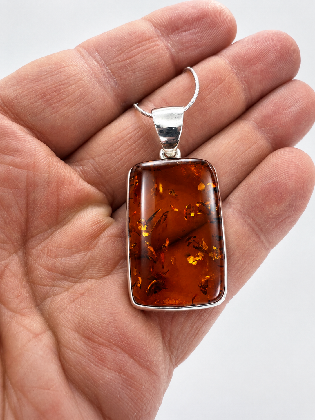 Modern Baltic Amber Sterling Silver Rectangular Pendant Cognac Honey Color