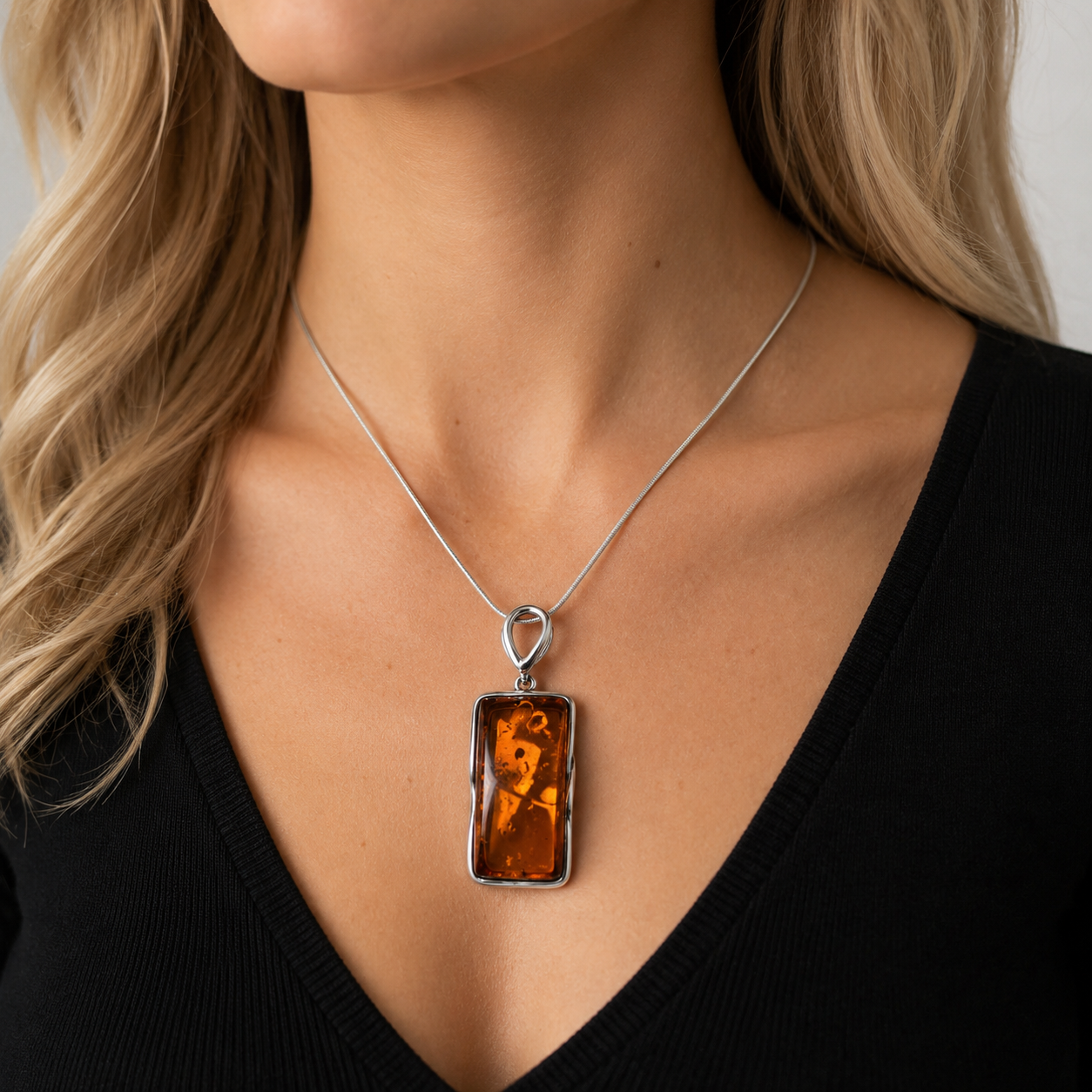Modern Baltic Amber Sterling Silver Rectangular Pendant Cognac Honey Color
