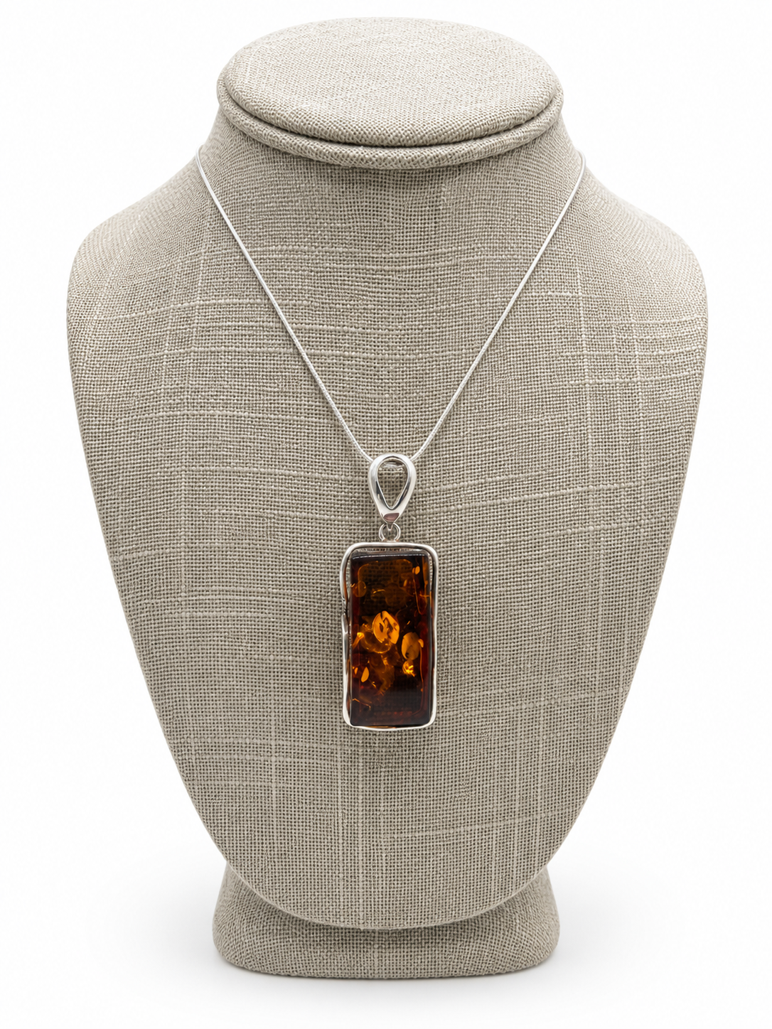 Modern Baltic Amber Sterling Silver Rectangular Pendant Cognac Honey Color