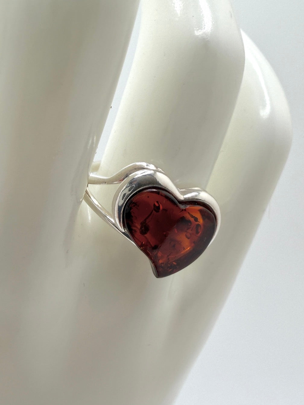 Modern Baltic Amber & Sterling Silver Heart Ring – Honey Color