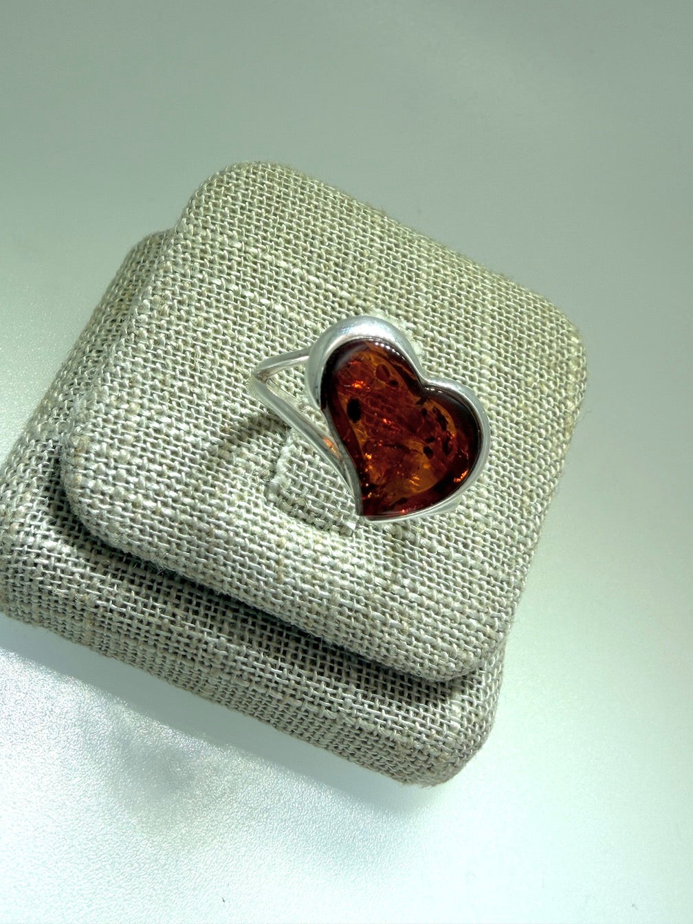 Modern Baltic Amber & Sterling Silver Heart Ring – Honey Color