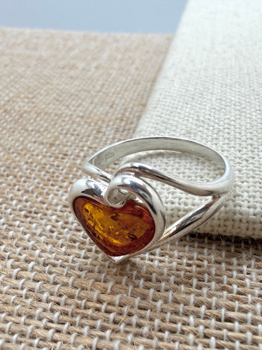 Modern Genuine Baltic Amber & Sterling Silver Heart Ring – Cognac Amber