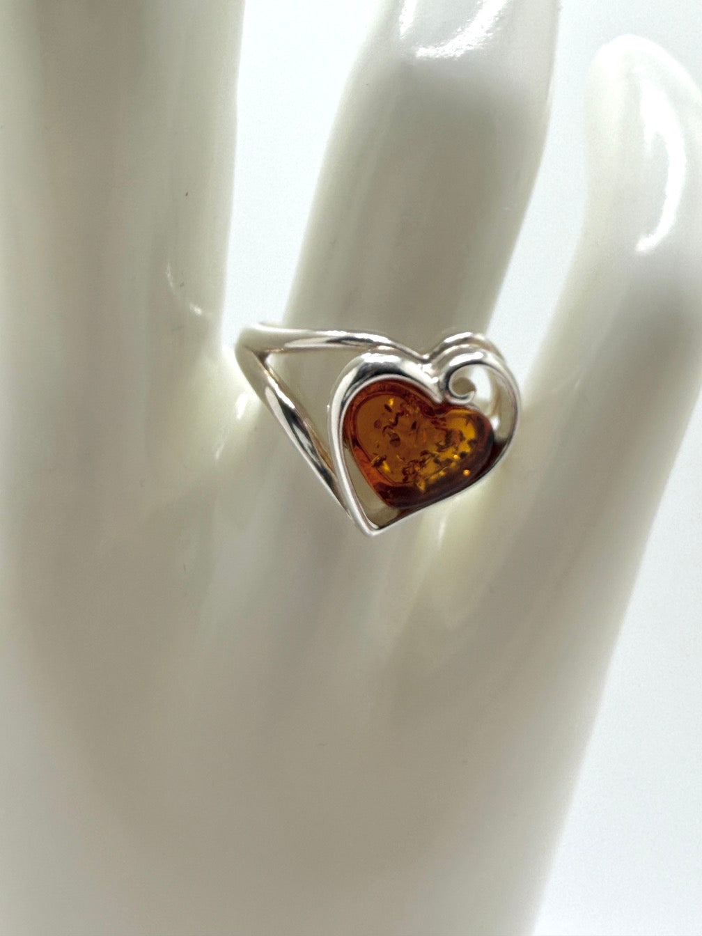 Modern Genuine Baltic Amber & Sterling Silver Heart Ring – Cognac Amber