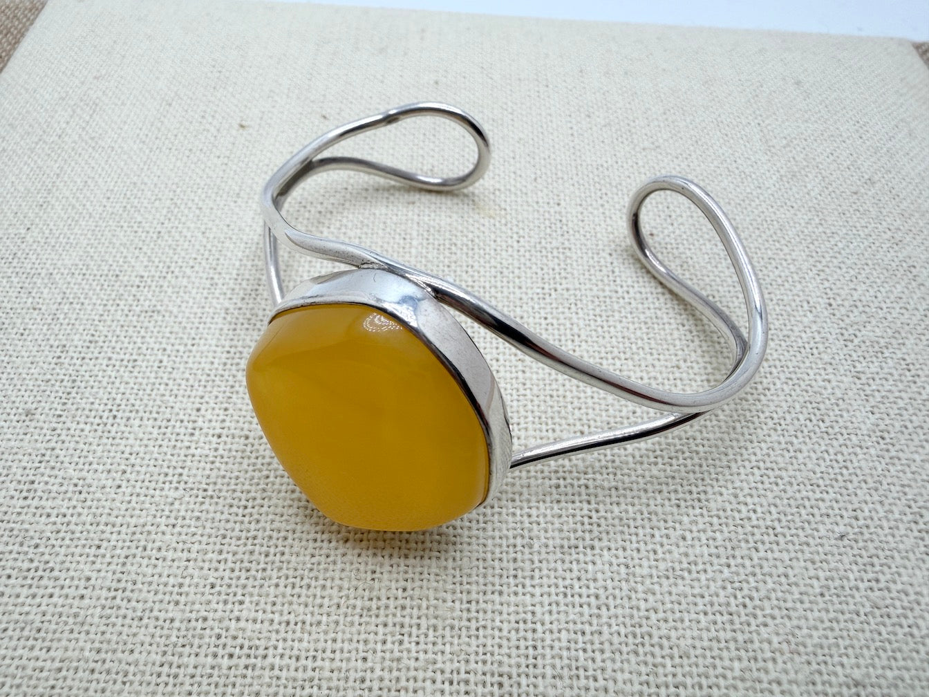 Modern Handmade Sterling Silver Cuff Bracelet with Genuine Butterscotch Baltic Amber