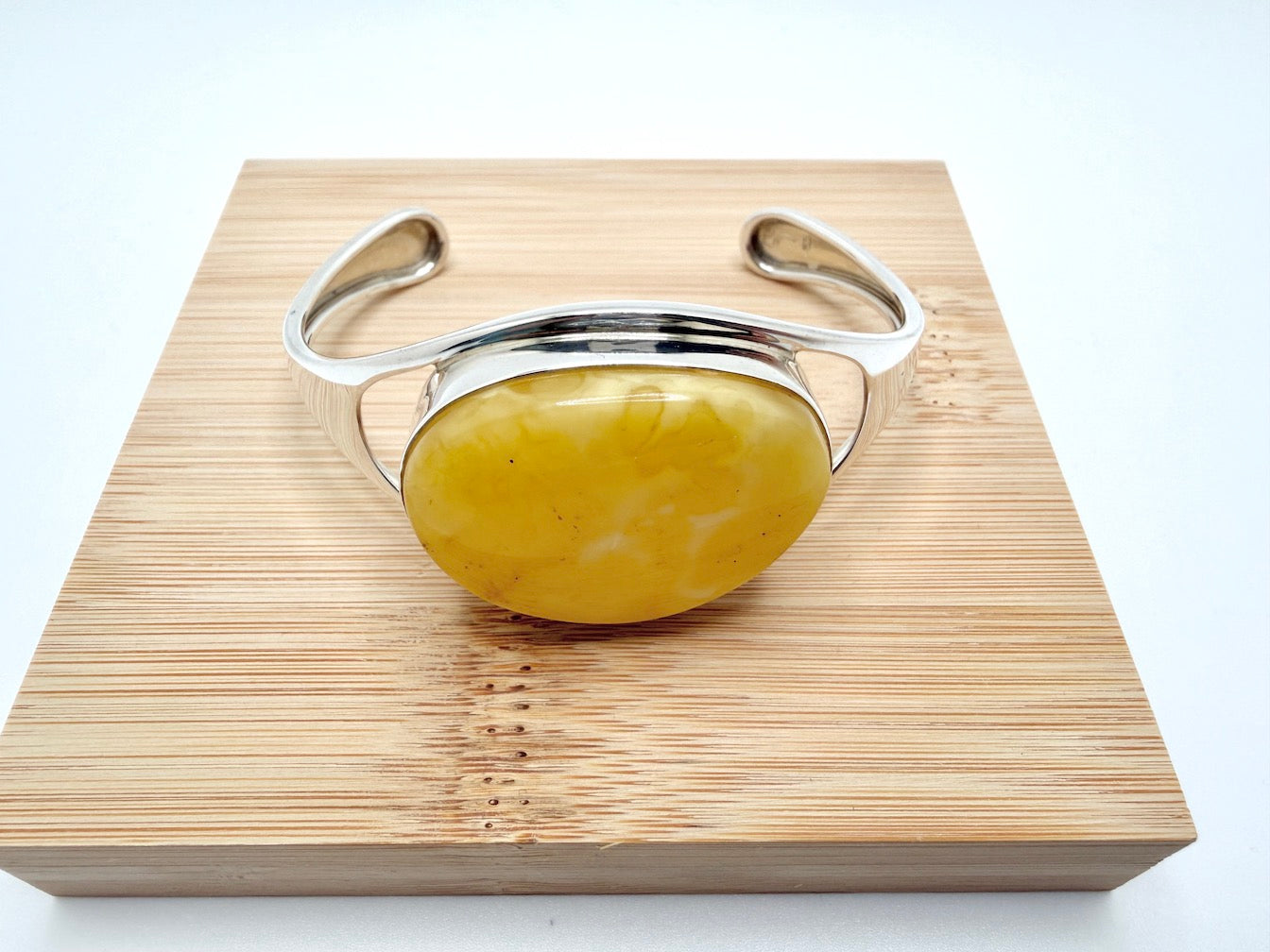 Modern Handmade Sterling Silver Cuff Bracelet with Genuine Butterscotch Baltic Amber