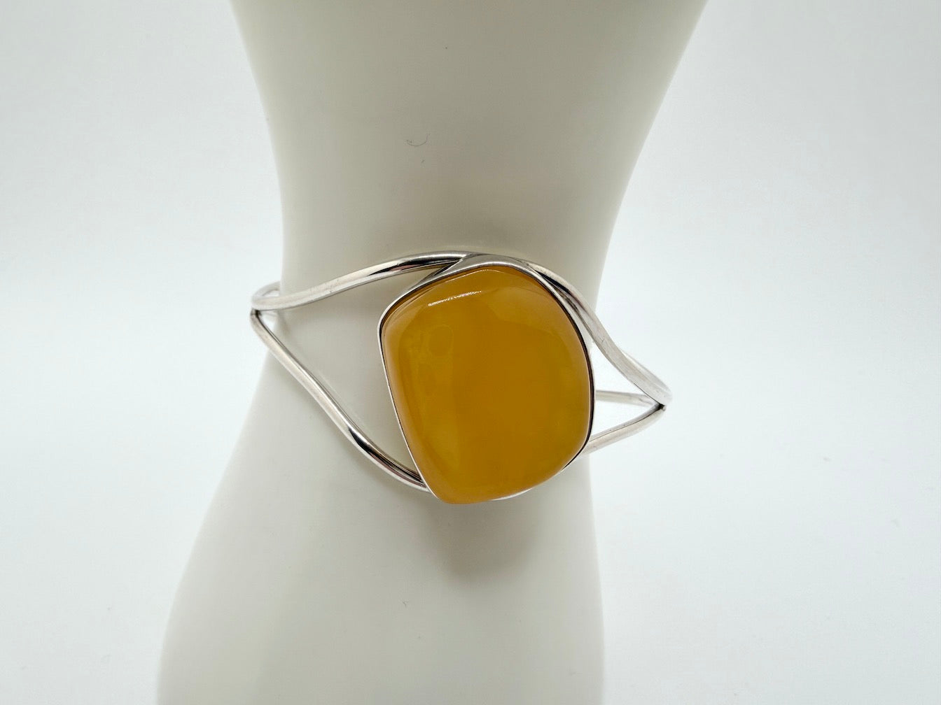 Modern Handmade Sterling Silver Cuff Bracelet with Genuine Butterscotch Baltic Amber