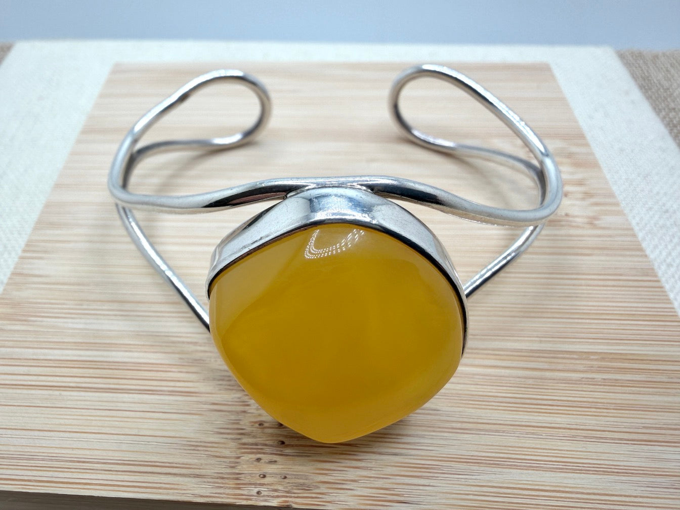Modern Handmade Sterling Silver Cuff Bracelet with Genuine Butterscotch Baltic Amber