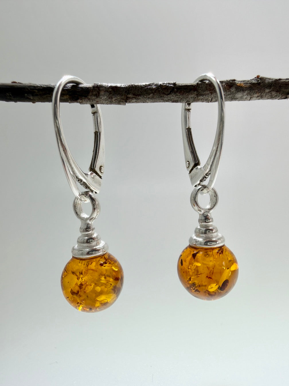 Modern Honey Cognac Baltic Amber 925 Sterling Silver Lever Back Ball Earrings