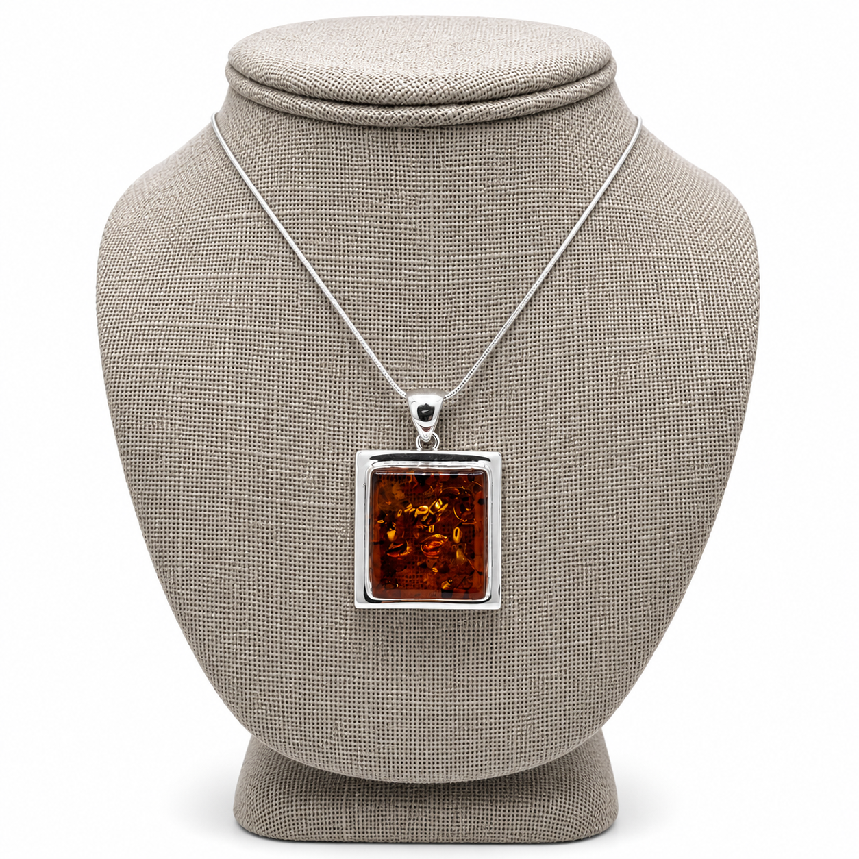 Modern Square Baltic Amber Pendant – Genuine Baltic Amber Necklace – Sterling Silver Amber Jewelry