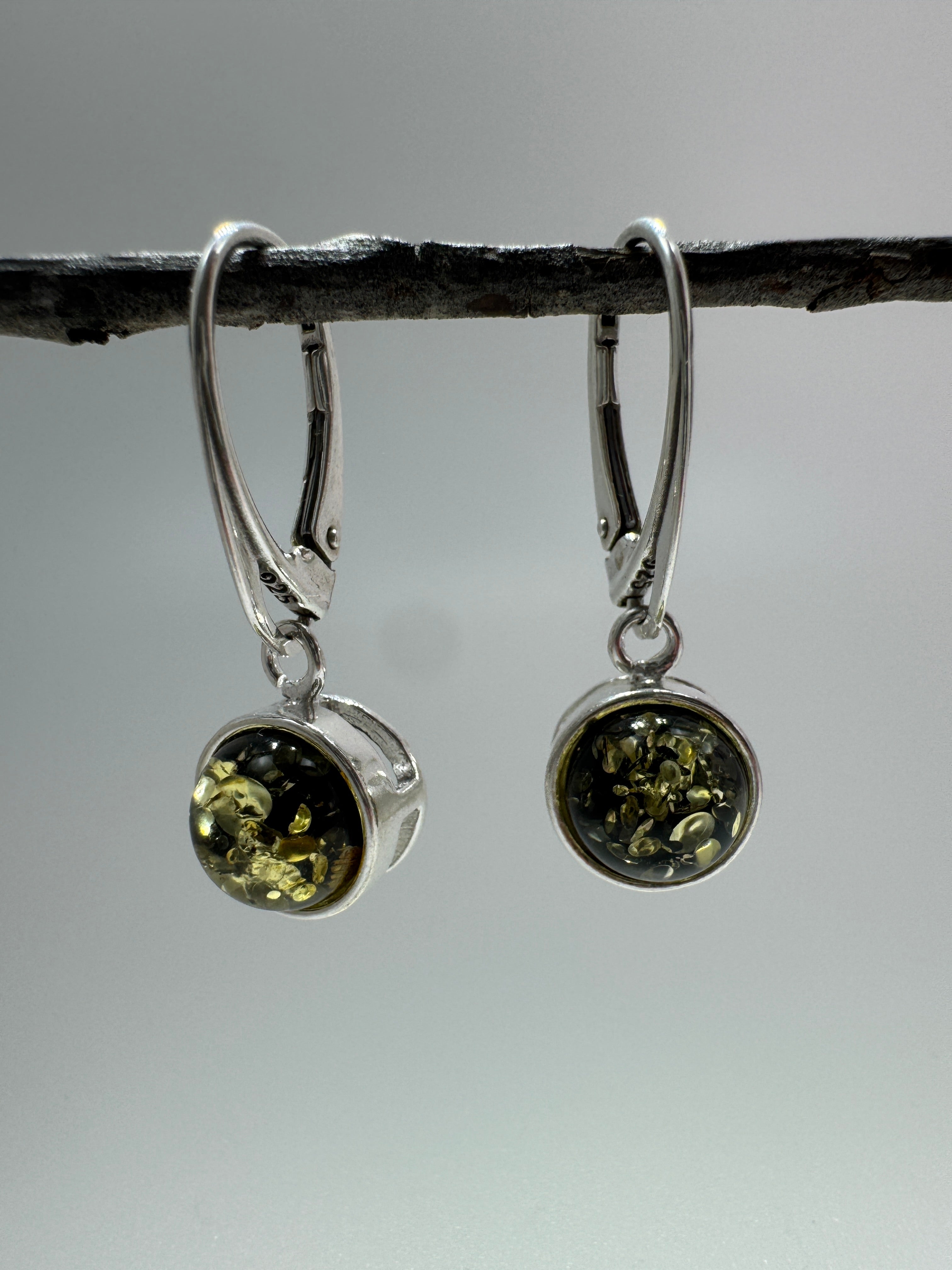 Modern Sterling Silver Dangle Lever Back Earrings with Round Baltic Amber – Available in Honey, Green or Butterscotch Amber