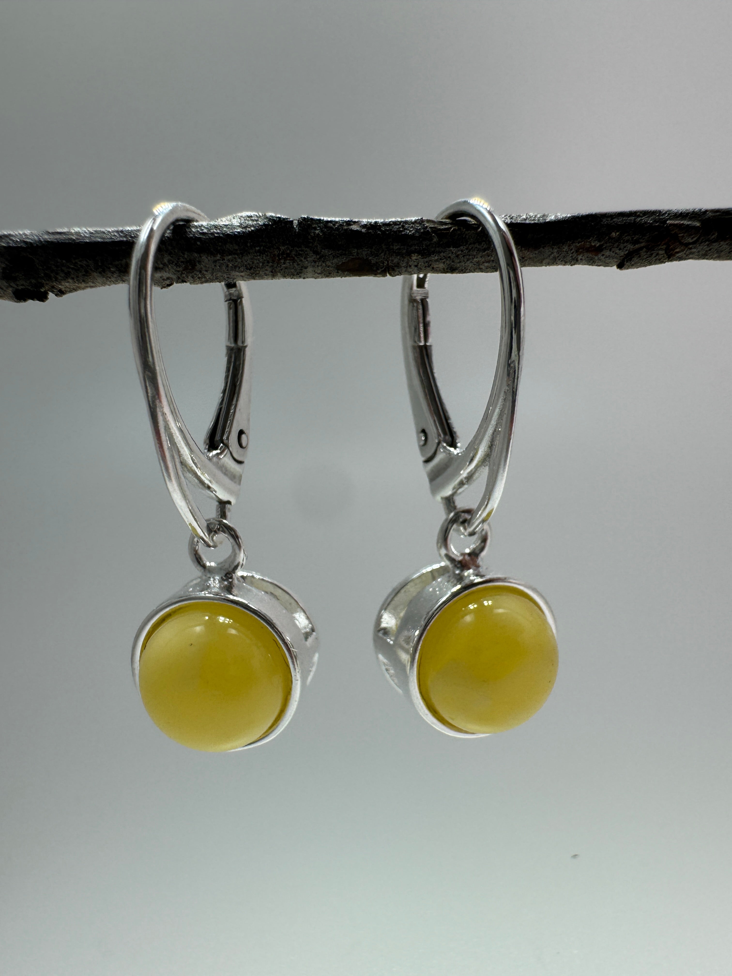 Modern Sterling Silver Dangle Lever Back Earrings with Round Baltic Amber – Available in Honey, Green or Butterscotch Amber