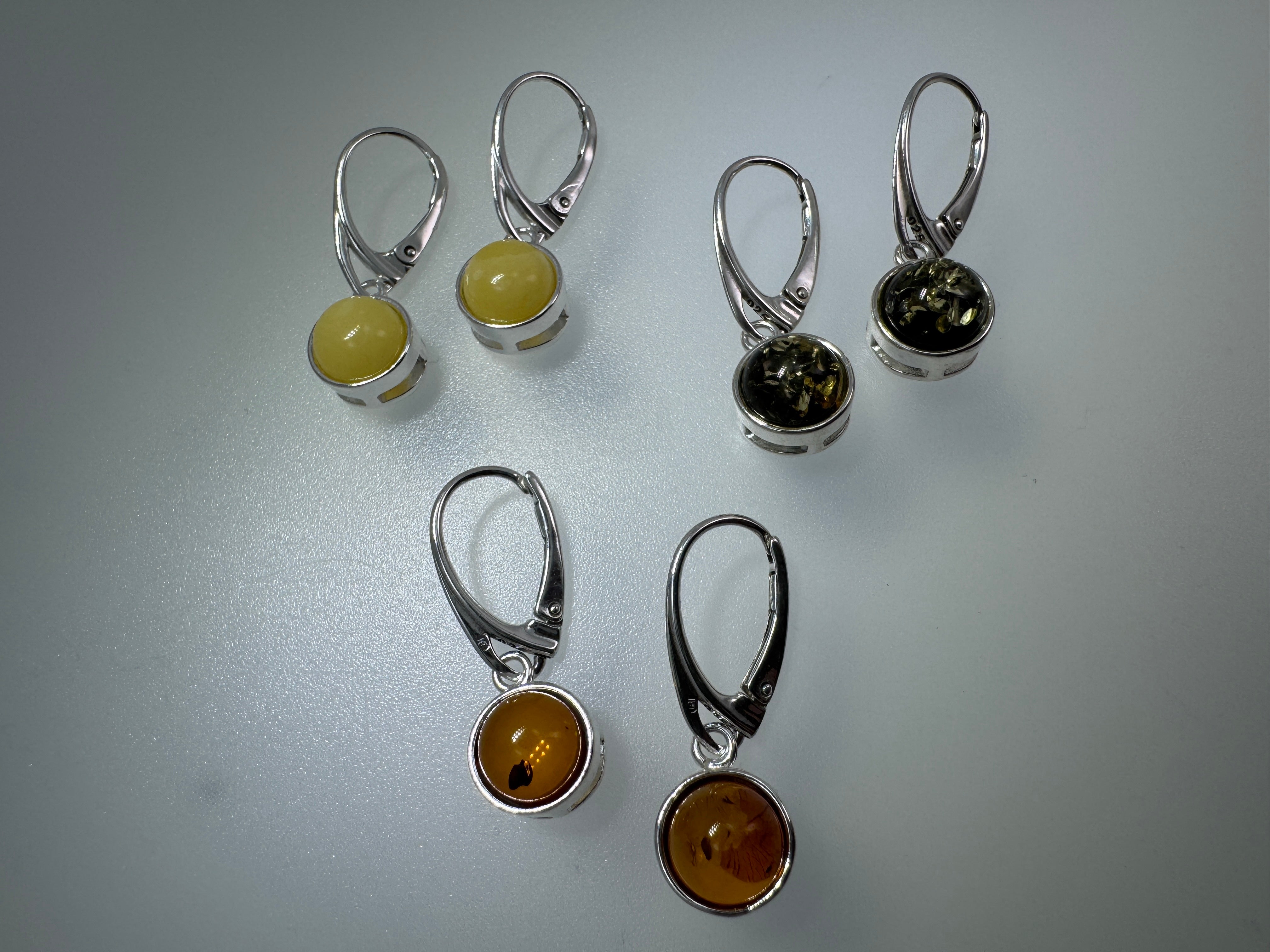 Modern Sterling Silver Dangle Lever Back Earrings with Round Baltic Amber – Available in Honey, Green or Butterscotch Amber