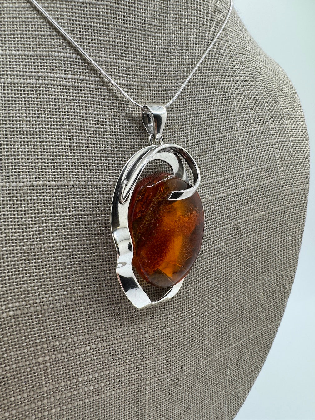 Modern Sterling Silver Honey Baltic Amber Pendant – Handmade in Poland