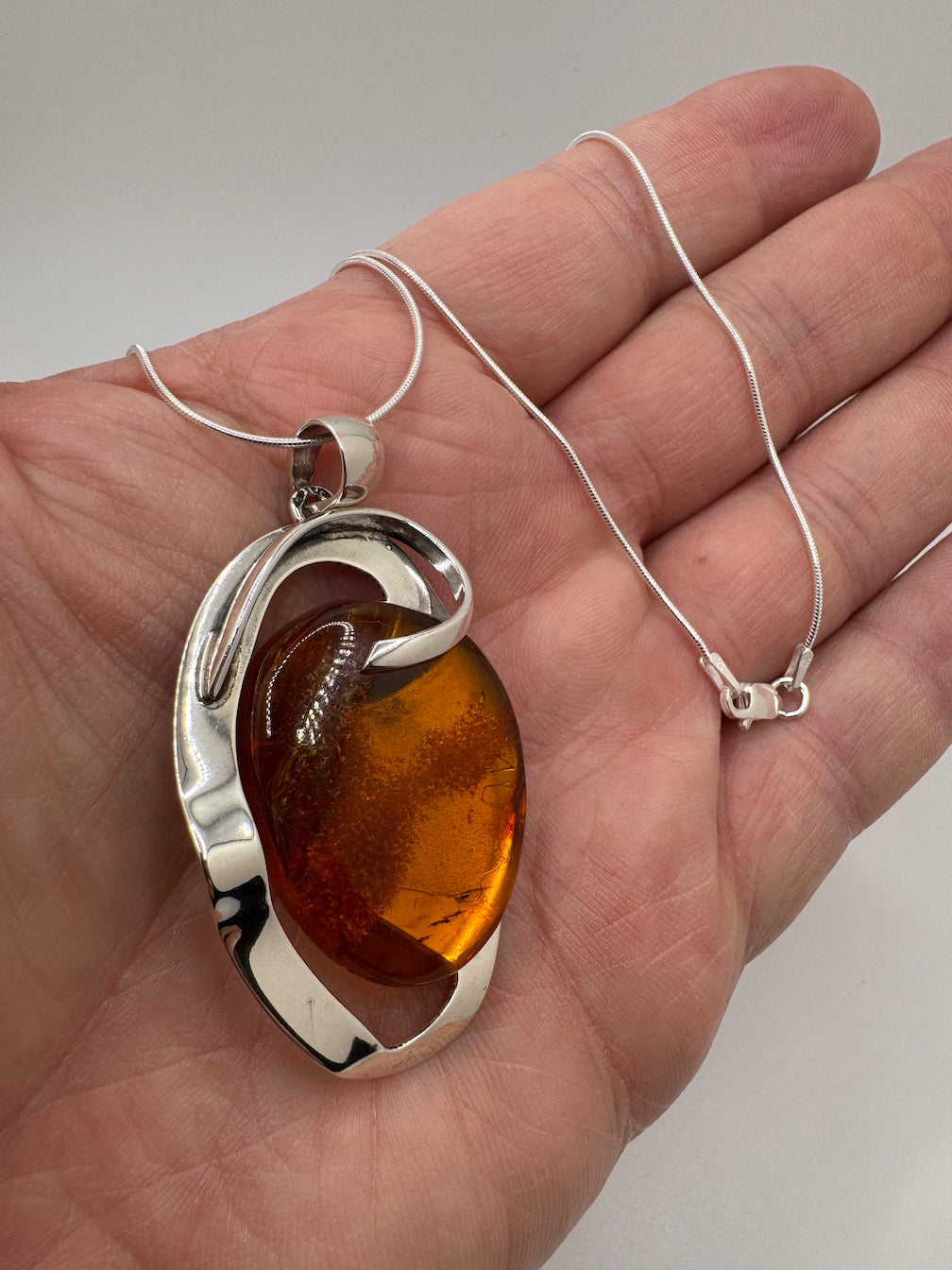Modern Sterling Silver Honey Baltic Amber Pendant – Handmade in Poland