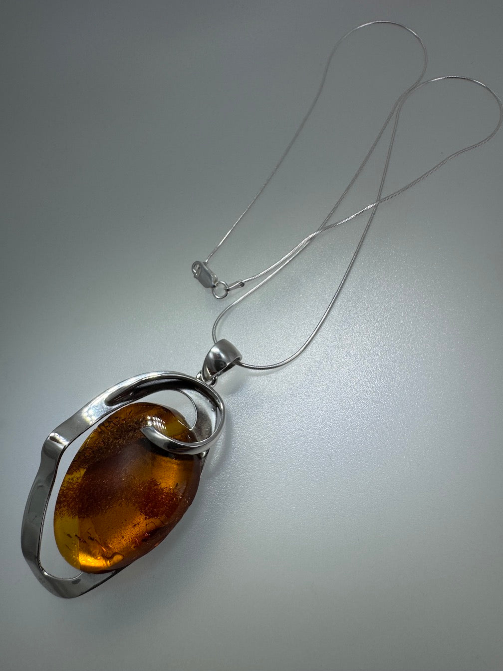 Modern Sterling Silver Honey Baltic Amber Pendant – Handmade in Poland