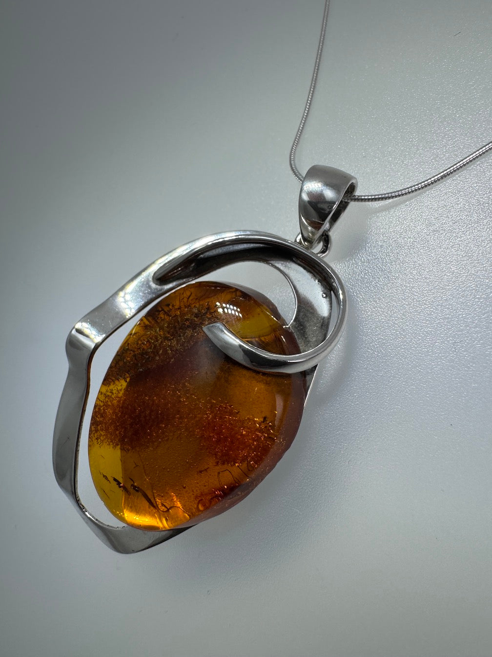 Modern Sterling Silver Honey Baltic Amber Pendant – Handmade in Poland