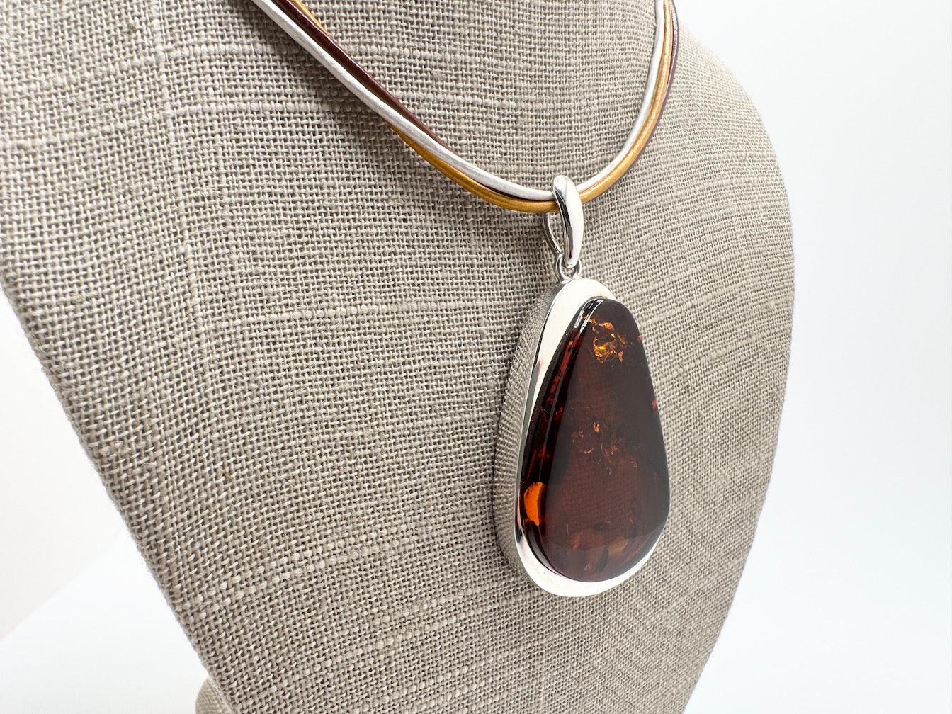 Modern Sterling Silver & Cognac Baltic Amber Pendant Necklace on Multicolor Leather Cord – Handmade in Poland