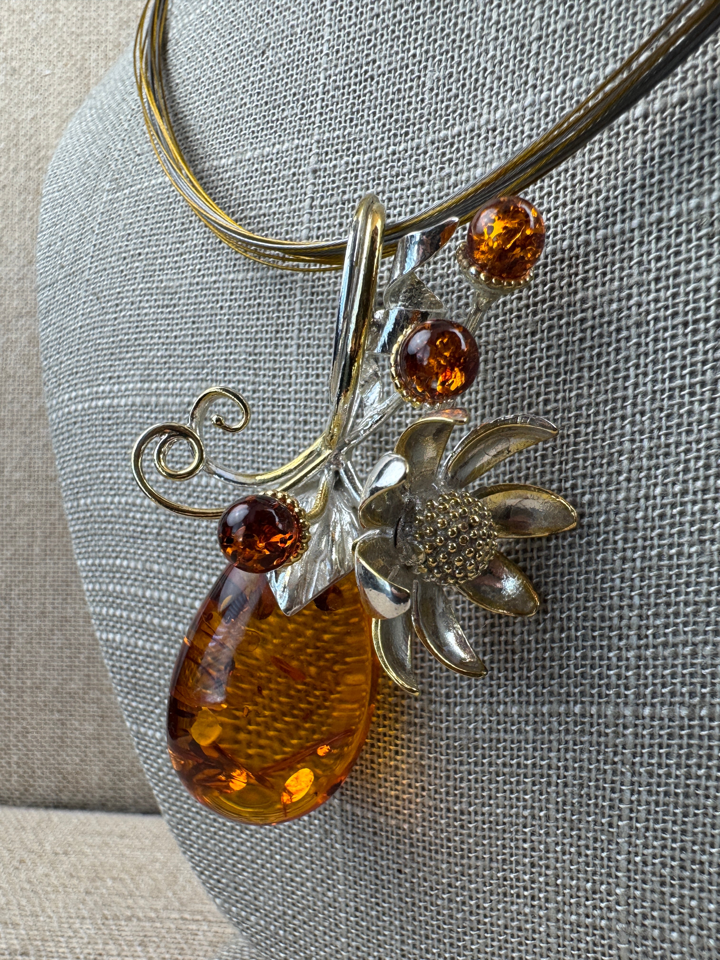 Modern Whimsical Baltic Amber Flower Pendant