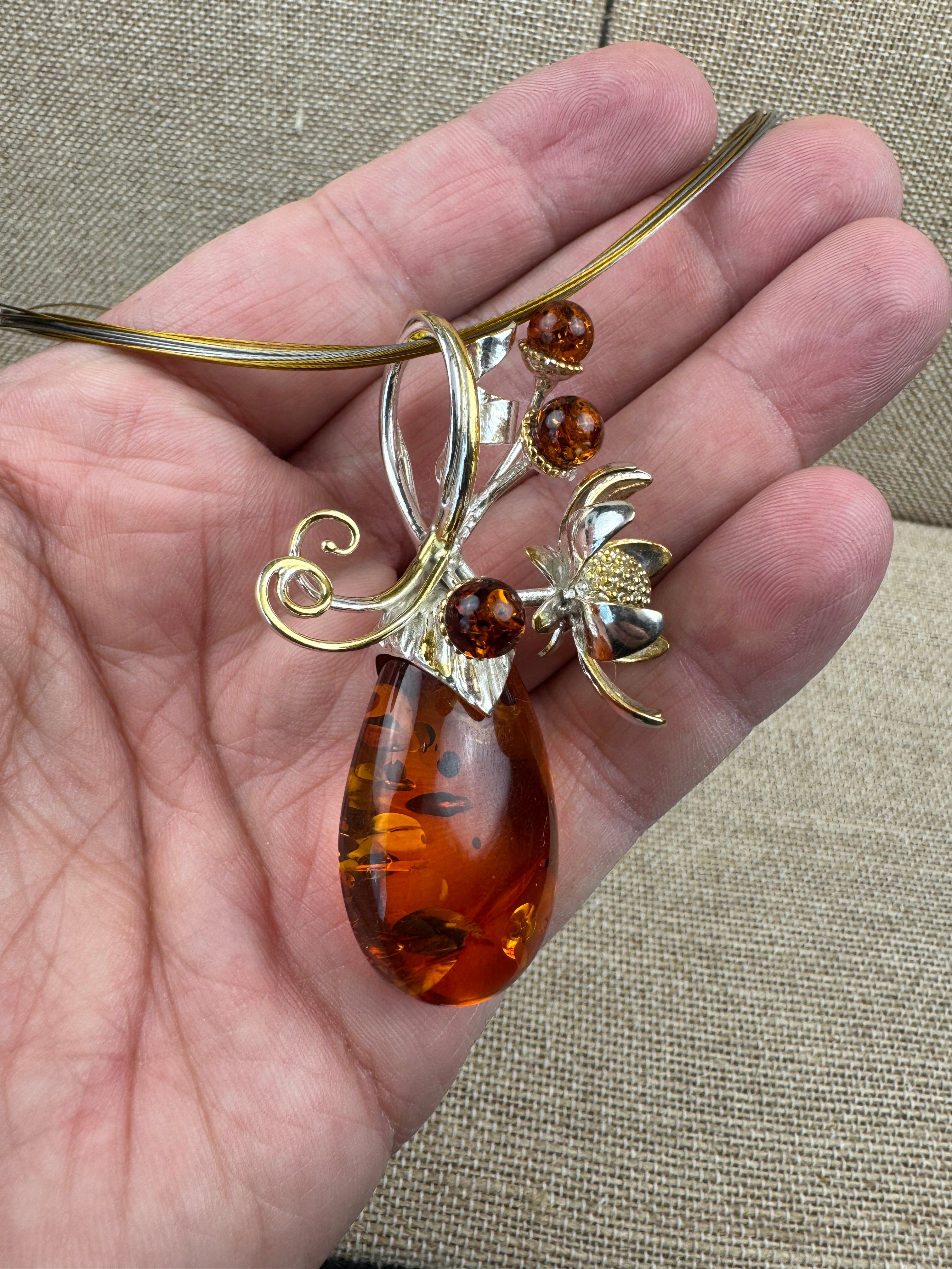 Modern Whimsical Baltic Amber Flower Pendant