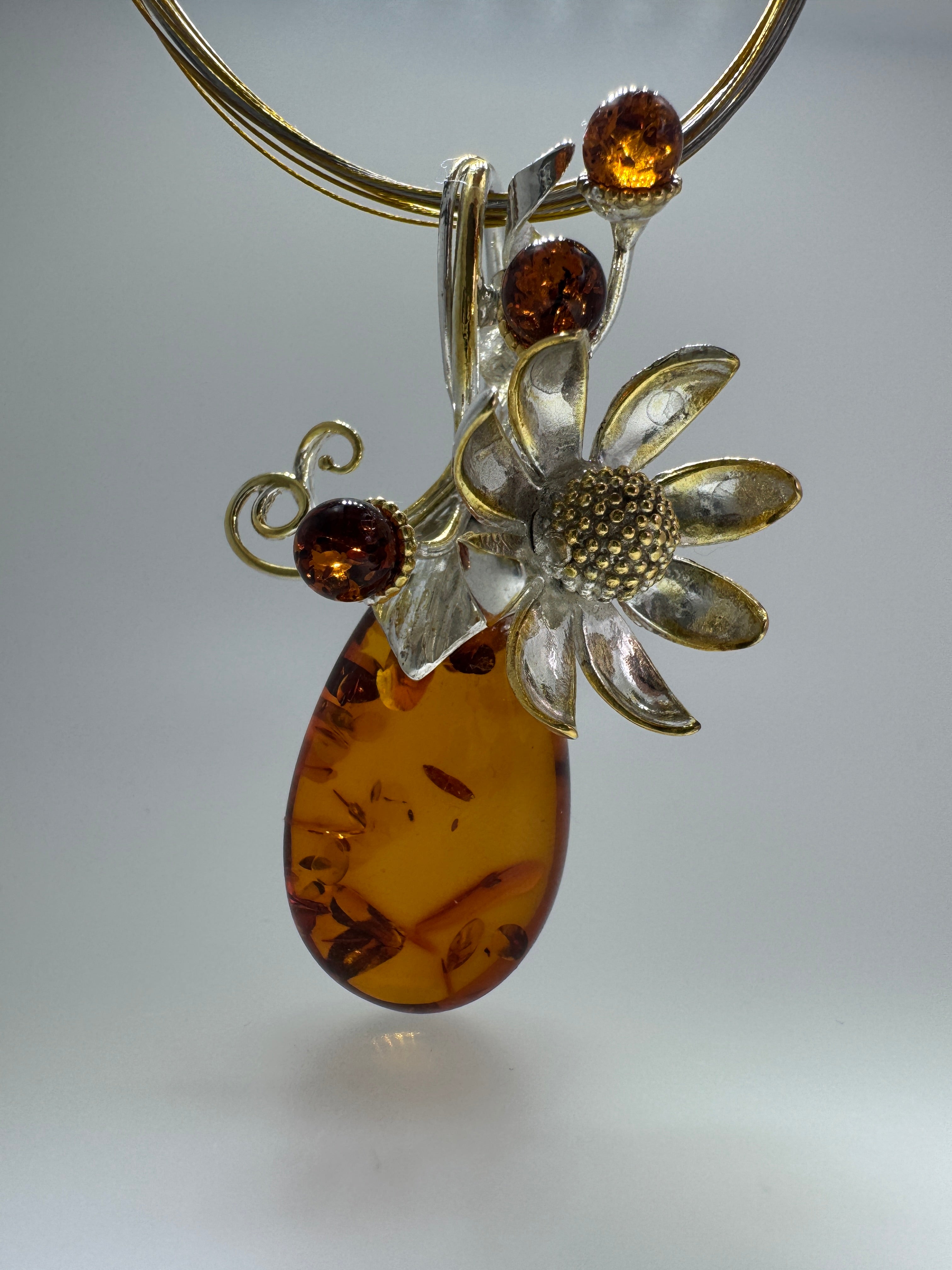 Modern Whimsical Baltic Amber Flower Pendant