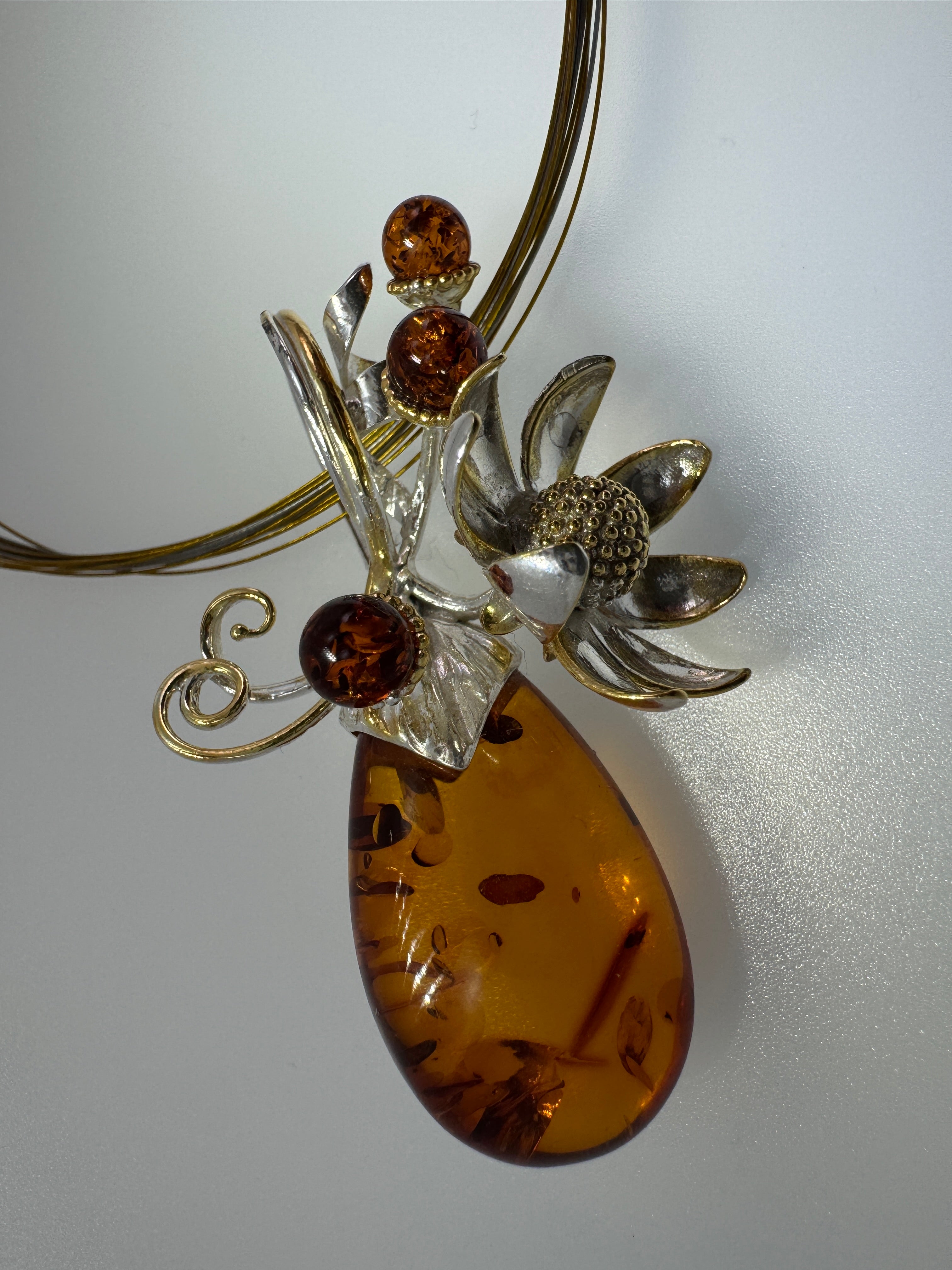 Modern Whimsical Baltic Amber Flower Pendant