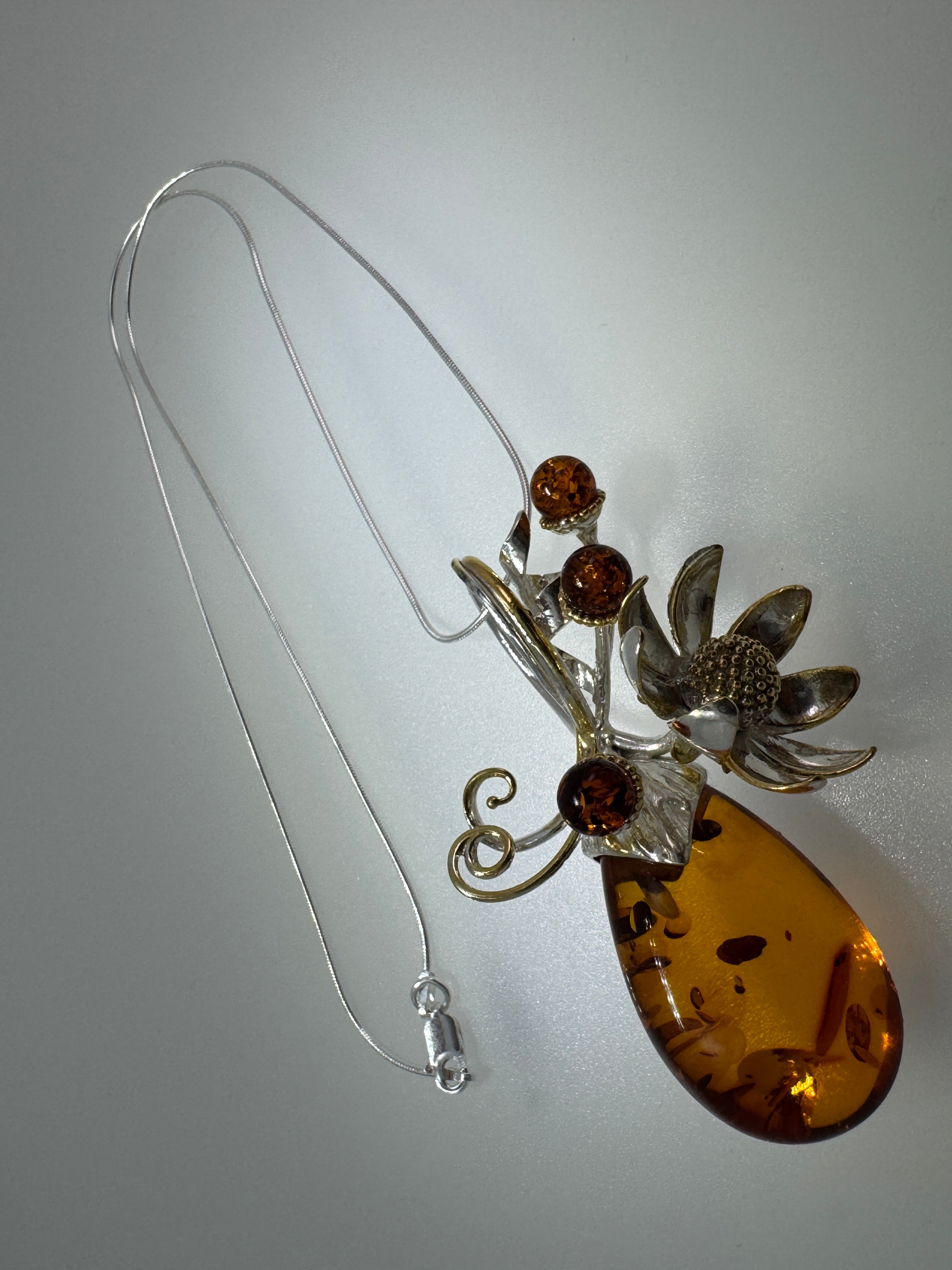 Modern Whimsical Baltic Amber Flower Pendant