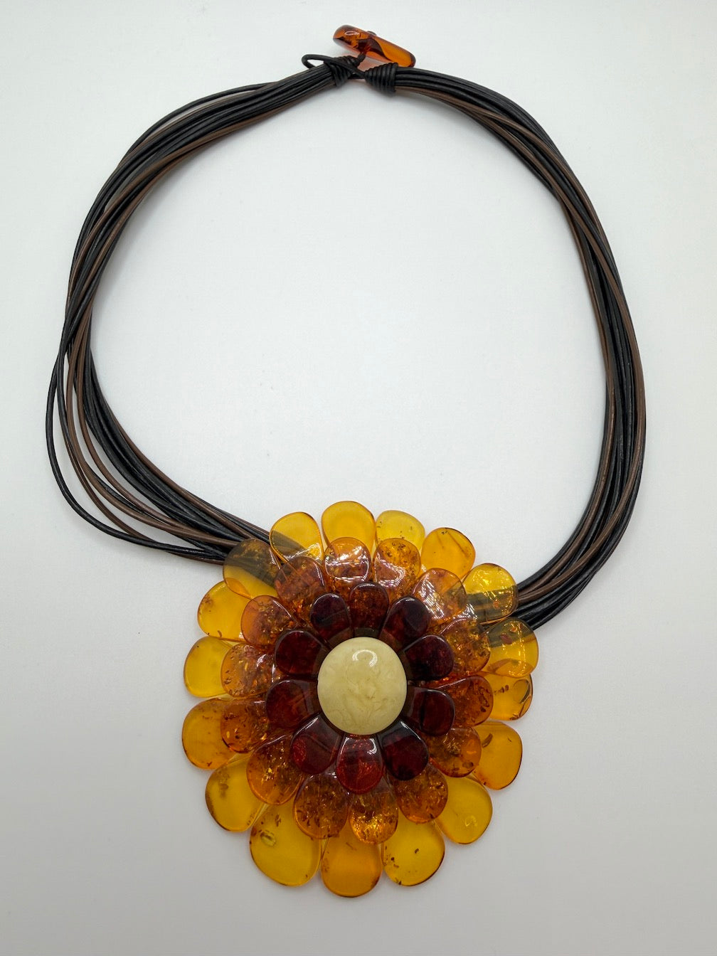 Multicolor Baltic Amber Flower Pendant Necklace on Braided Leather – Handmade in Lithuania – Museum Quality Showstopper