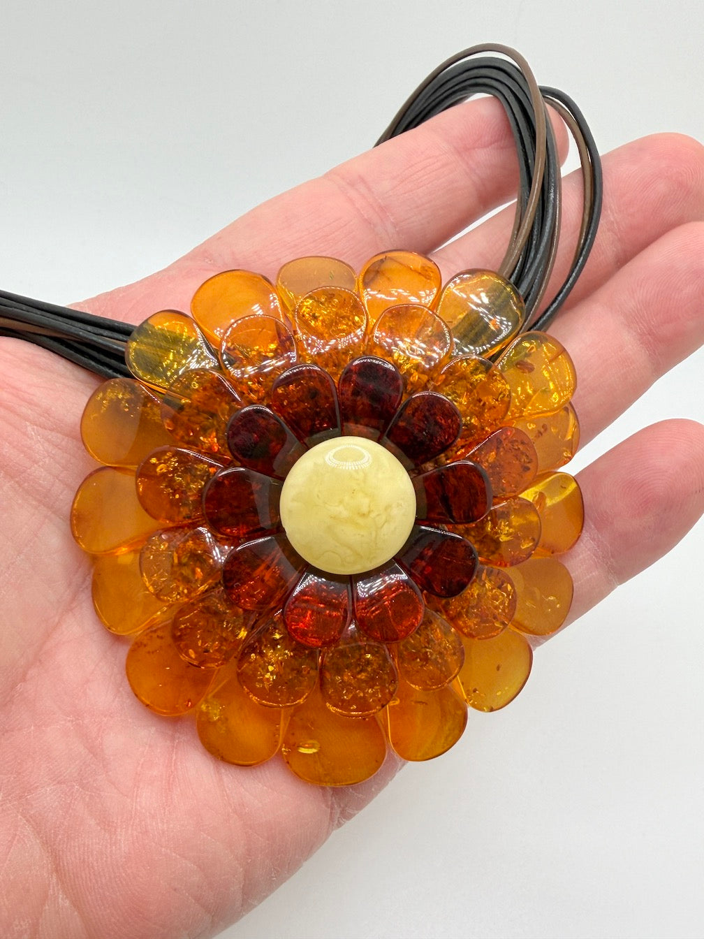 Multicolor Baltic Amber Flower Pendant Necklace on Braided Leather – Handmade in Lithuania – Museum Quality Showstopper