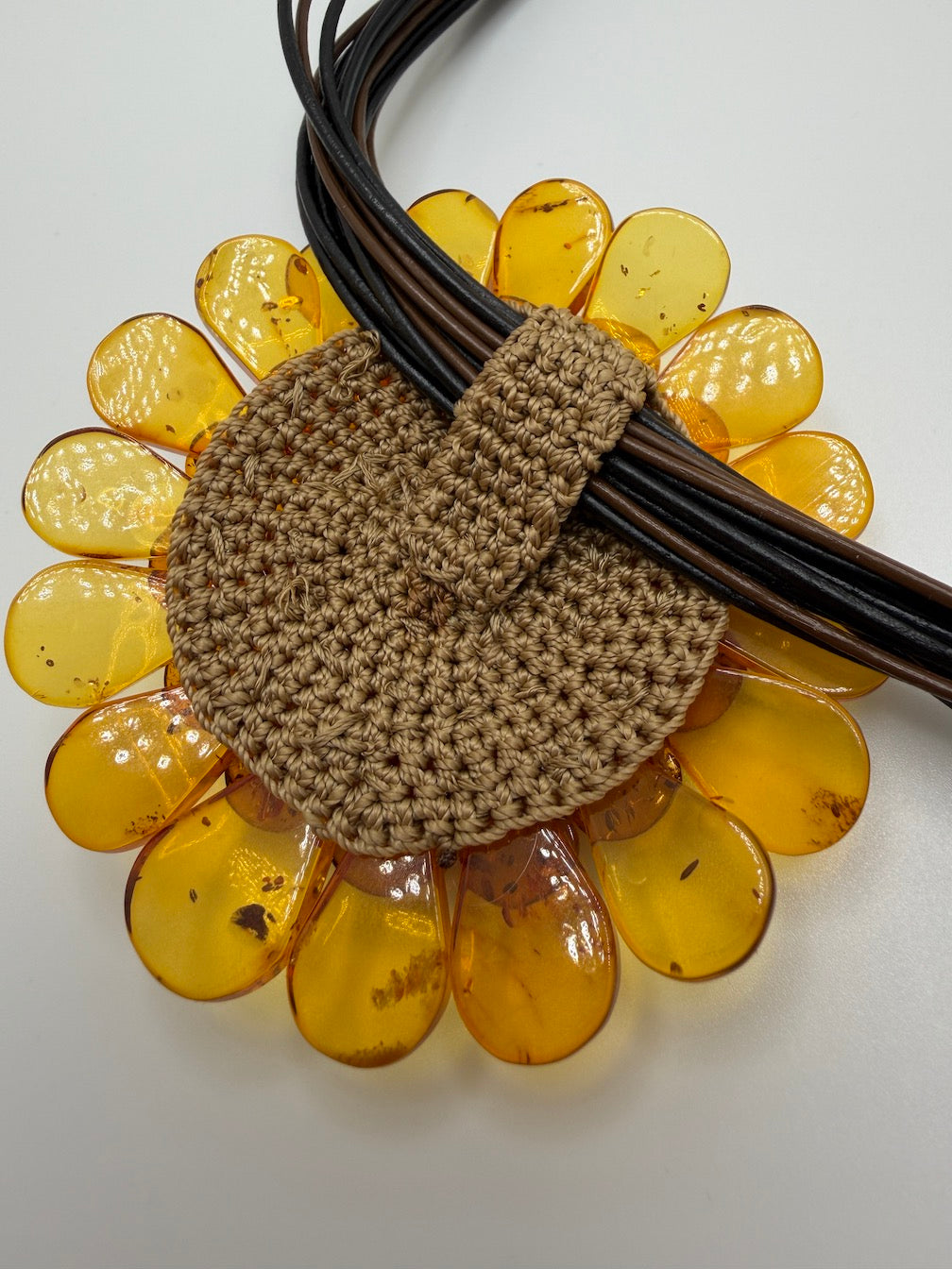 Multicolor Baltic Amber Flower Pendant Necklace on Braided Leather – Handmade in Lithuania – Museum Quality Showstopper