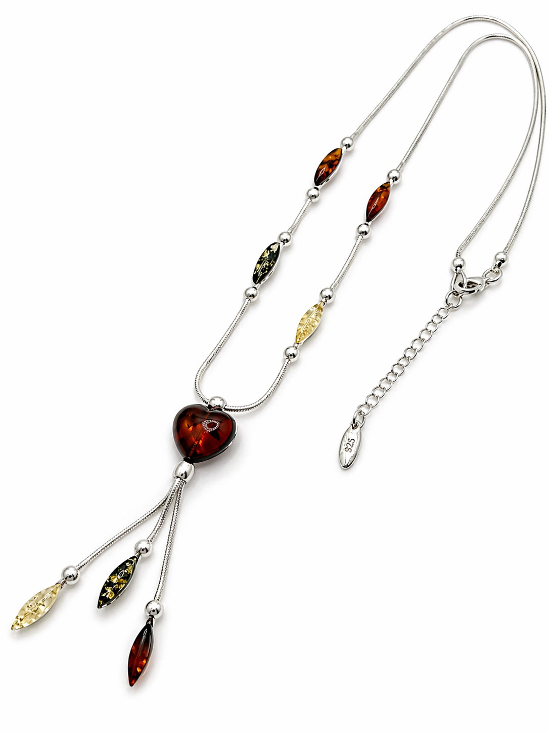 Multicolor Baltic Amber Lariat Necklace – Sterling Silver with Cognac Heart & Hanging Amber Drops