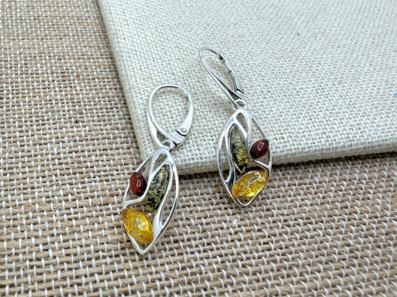 Multicolor Baltic Amber Sterling Silver Lever Back Drop Earrings