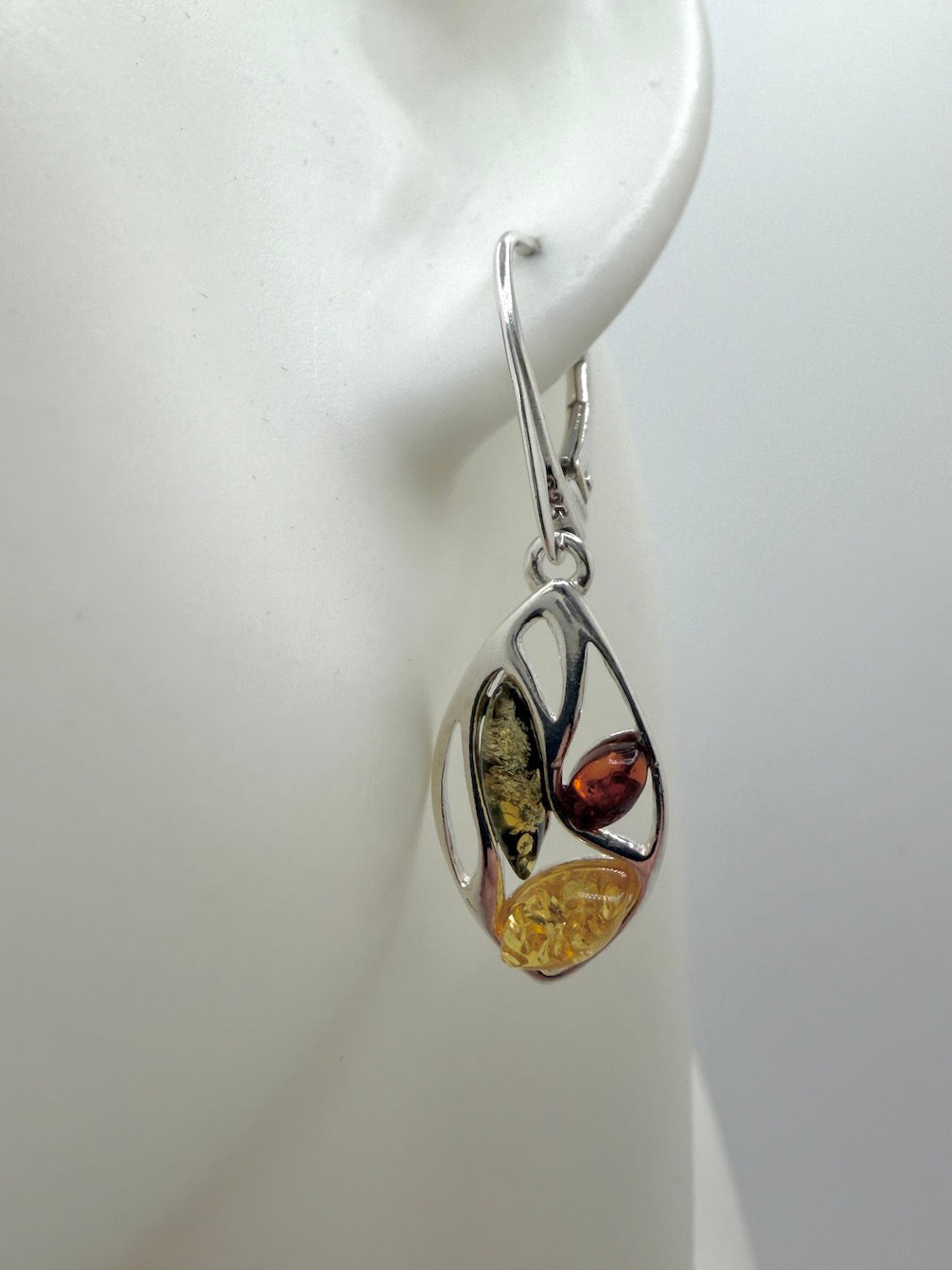 Multicolor Baltic Amber Sterling Silver Lever Back Drop Earrings