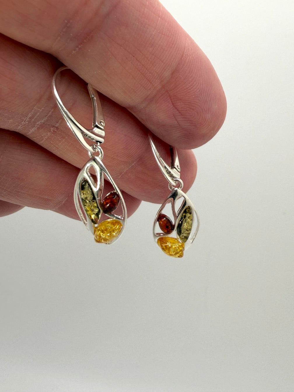 Multicolor Baltic Amber Sterling Silver Lever Back Drop Earrings
