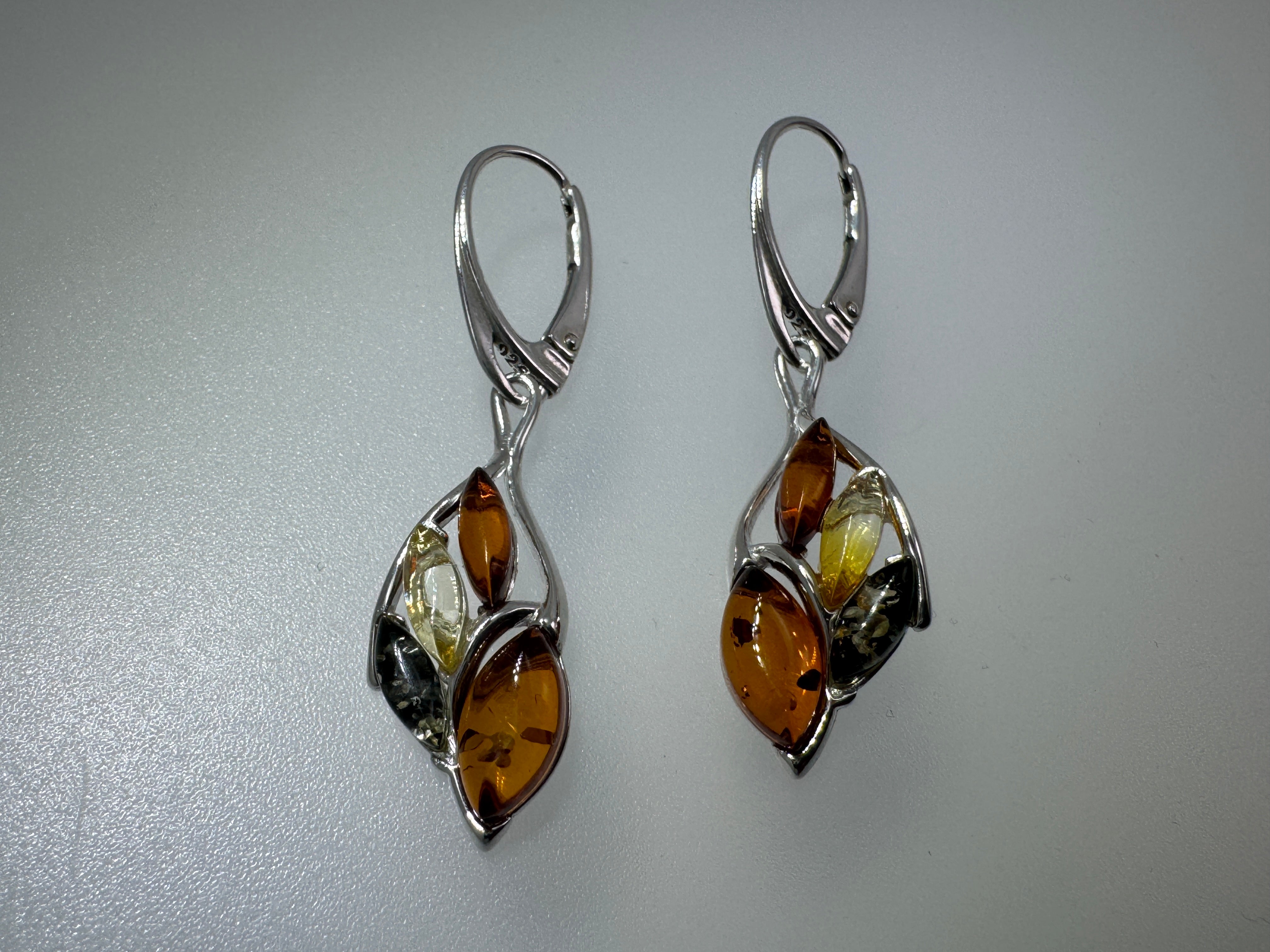 Multicolor Baltic Amber Sterling Silver Organic shaped Lever Back Earrings – Lemon, Green & Cognac Dangle Drops