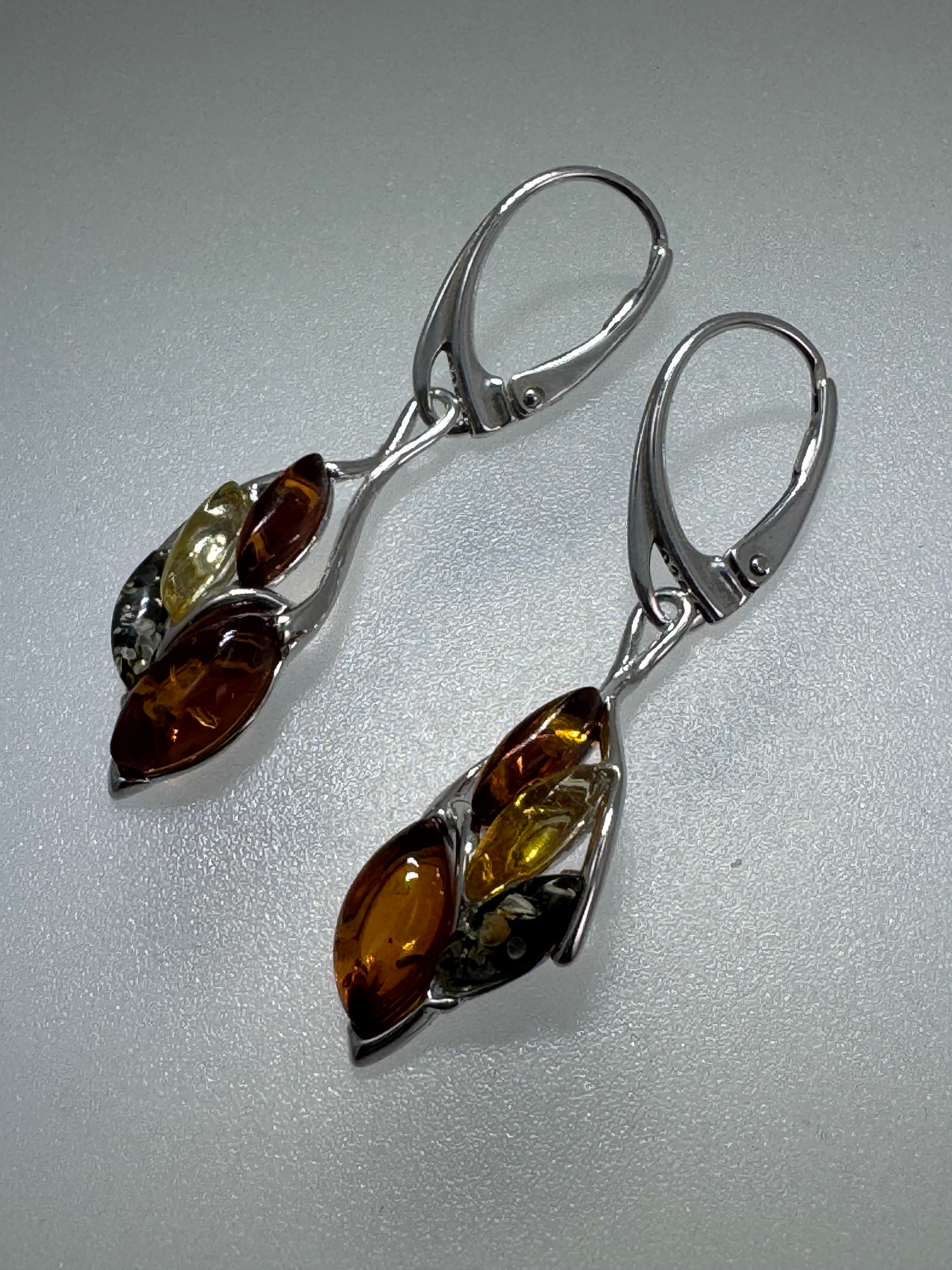 Multicolor Baltic Amber Sterling Silver Organic shaped Lever Back Earrings – Lemon, Green & Cognac Dangle Drops