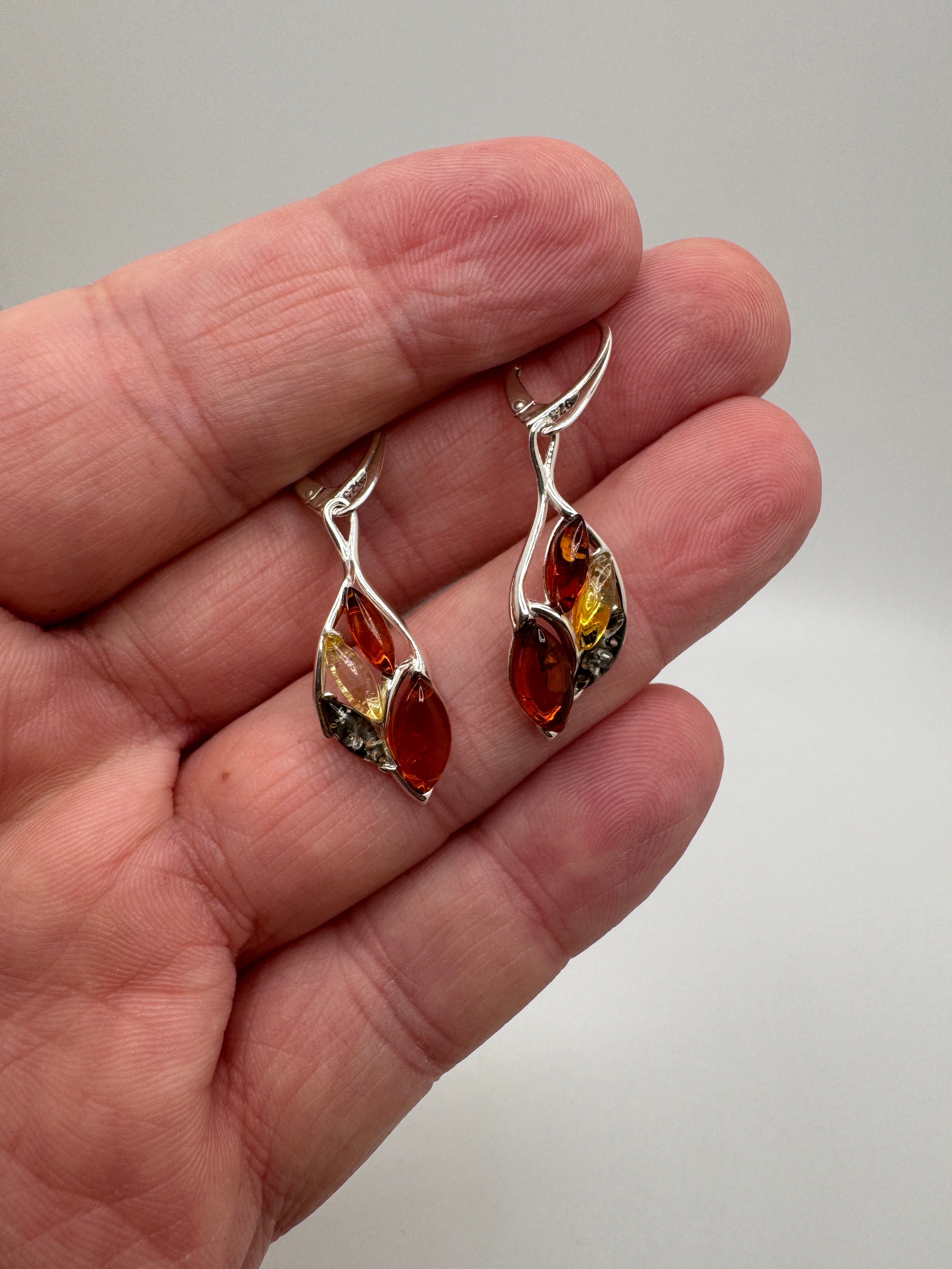 Multicolor Baltic Amber Sterling Silver Organic shaped Lever Back Earrings – Lemon, Green & Cognac Dangle Drops