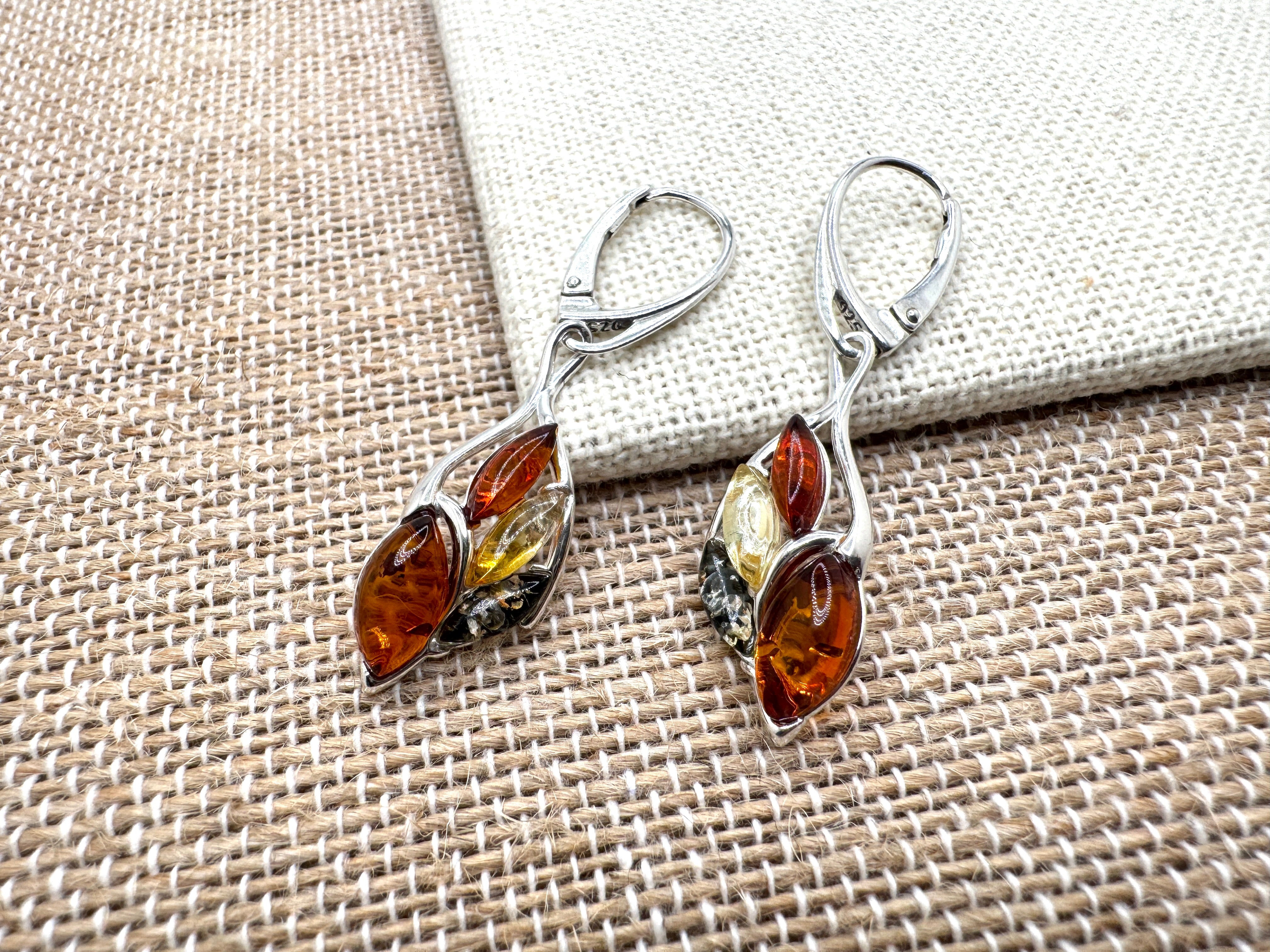 Multicolor Baltic Amber Sterling Silver Organic shaped Lever Back Earrings – Lemon, Green & Cognac Dangle Drops