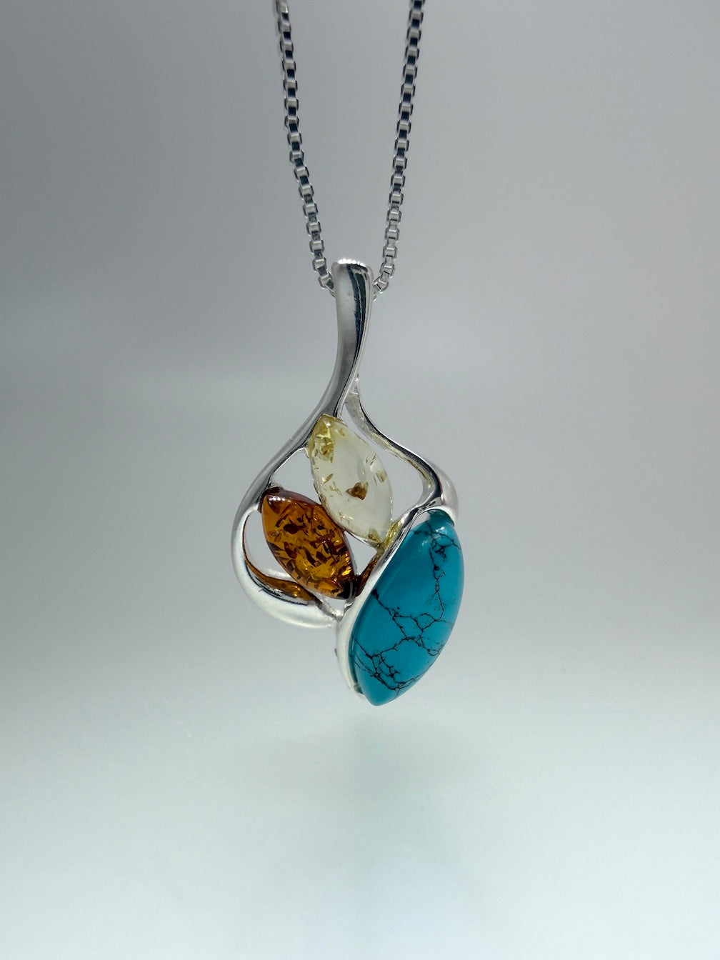 Multicolor Baltic Amber & Turquoise Pendant – Earthy Elegance in Sterling Silver