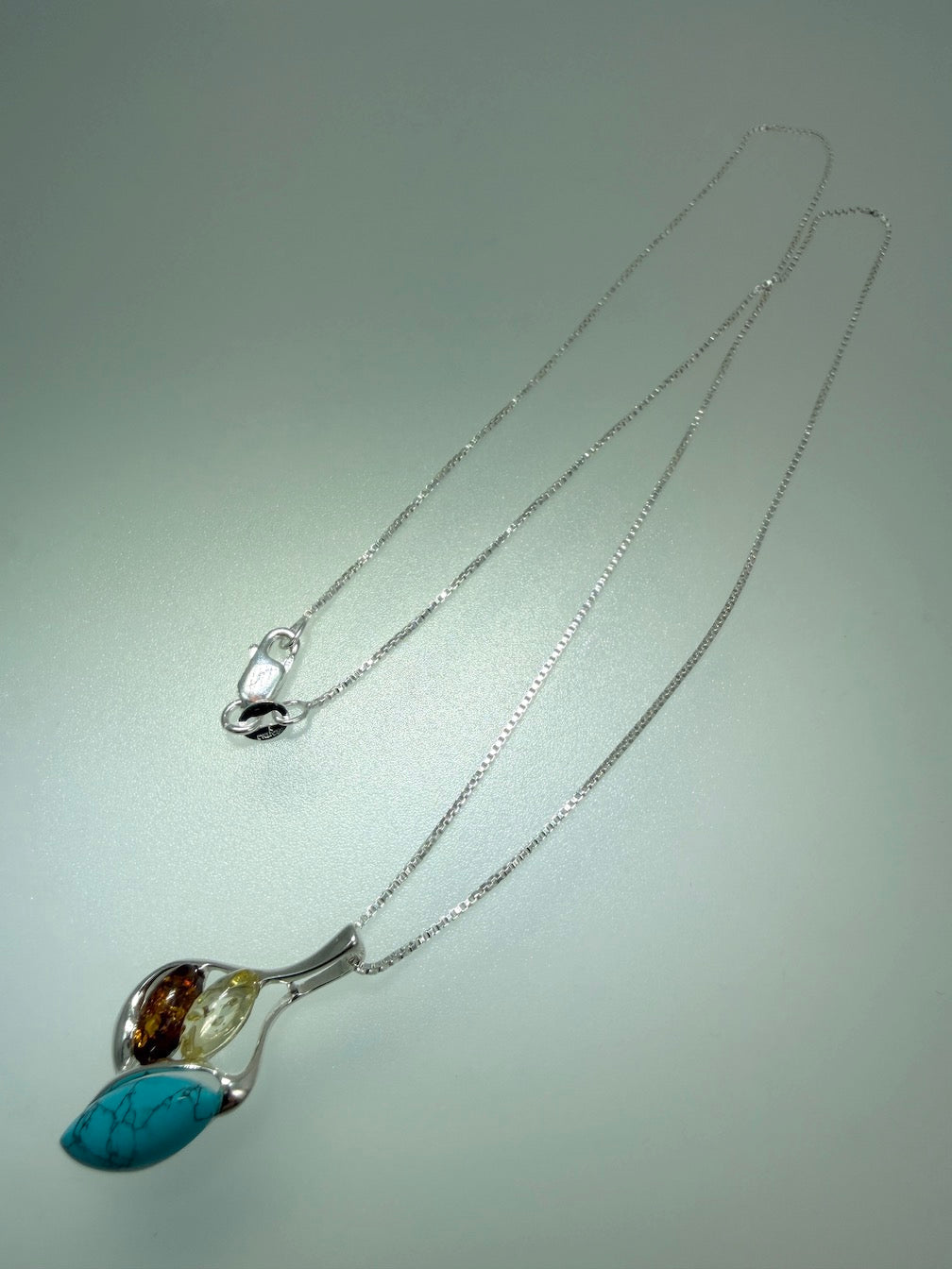 Multicolor Baltic Amber & Turquoise Pendant – Earthy Elegance in Sterling Silver